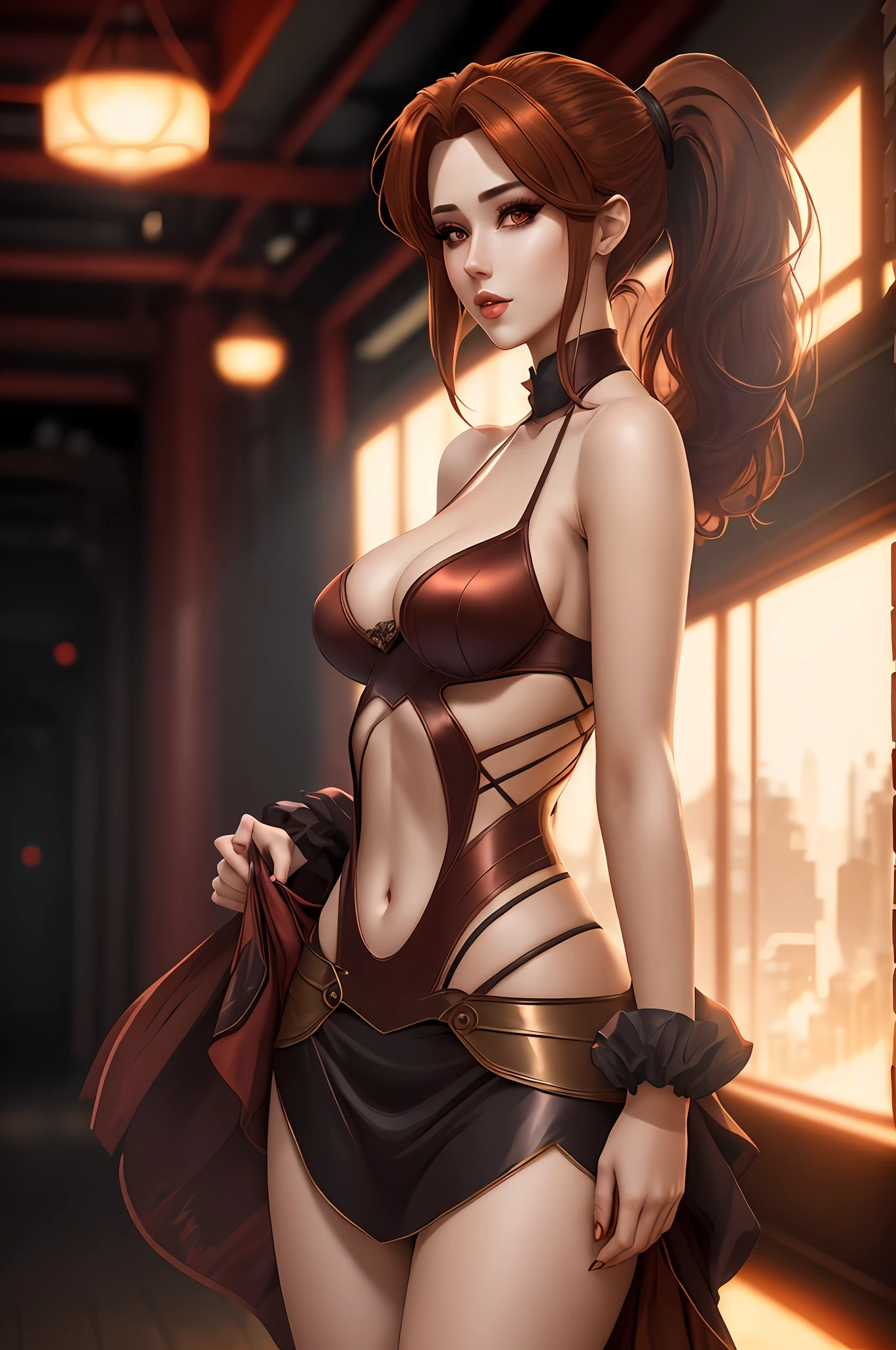 Woman in sensual pose, Cosplay, Beautiful face, Reddish brown hair with ponytail, After Party, Detailed background, Cartoon, 4K, HDR, high quality, better lighting, best shadows, makeup, Detailed background scenery