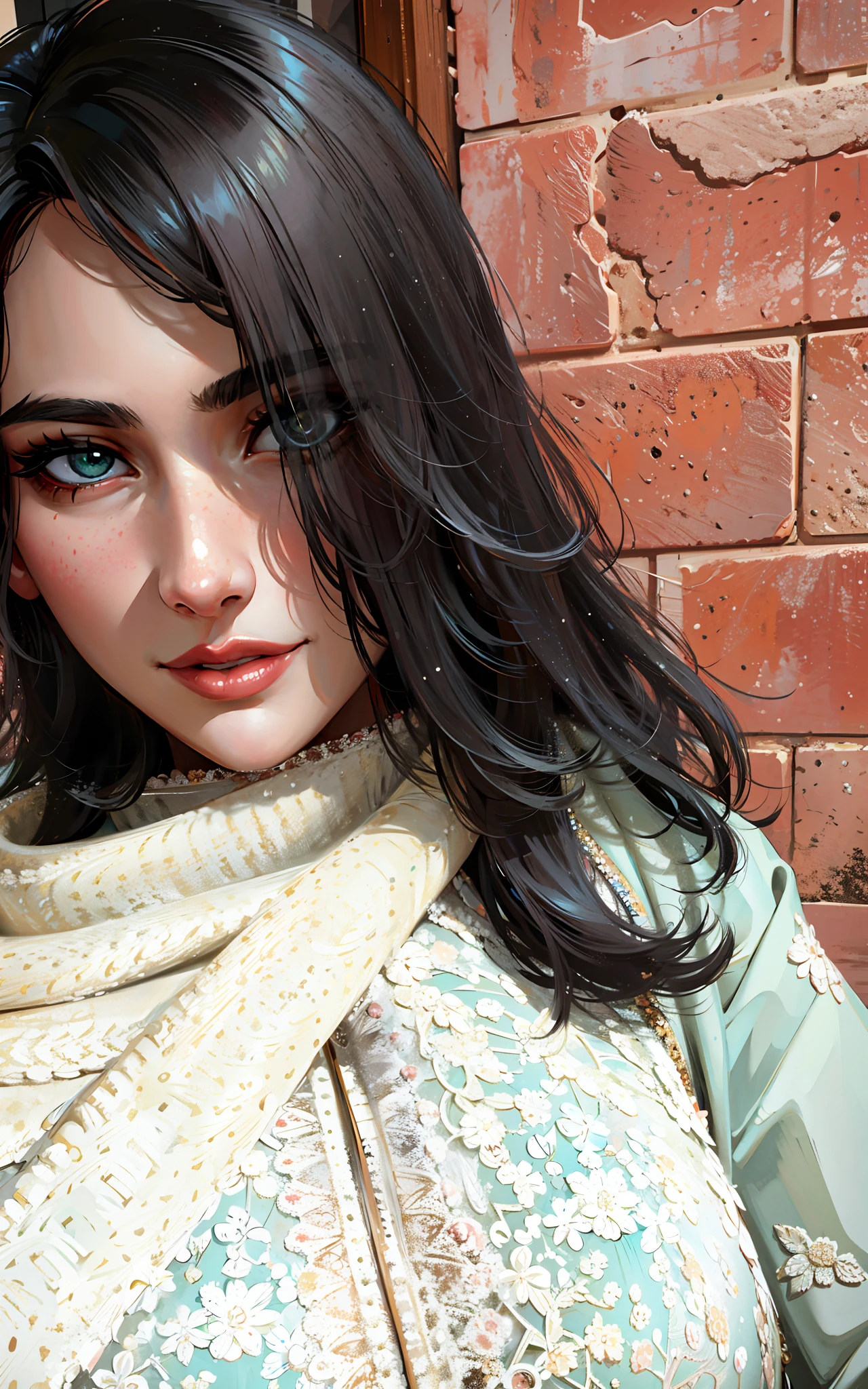 (masterpiece),(best quality:1.0), (ultra highres:1.0), detailed illustration, 8k, anime, 1girl, beautiful anime girl, wearing a white and lime green dress, one eye covered with hair, smiling, pretty face, detailed face, beautiful eyes, detailed eyes, bright red lips, red lipstick, black hair, beautiful stylish hair, highlights in hair, anime style, best quality, vibrant, highly detailed
