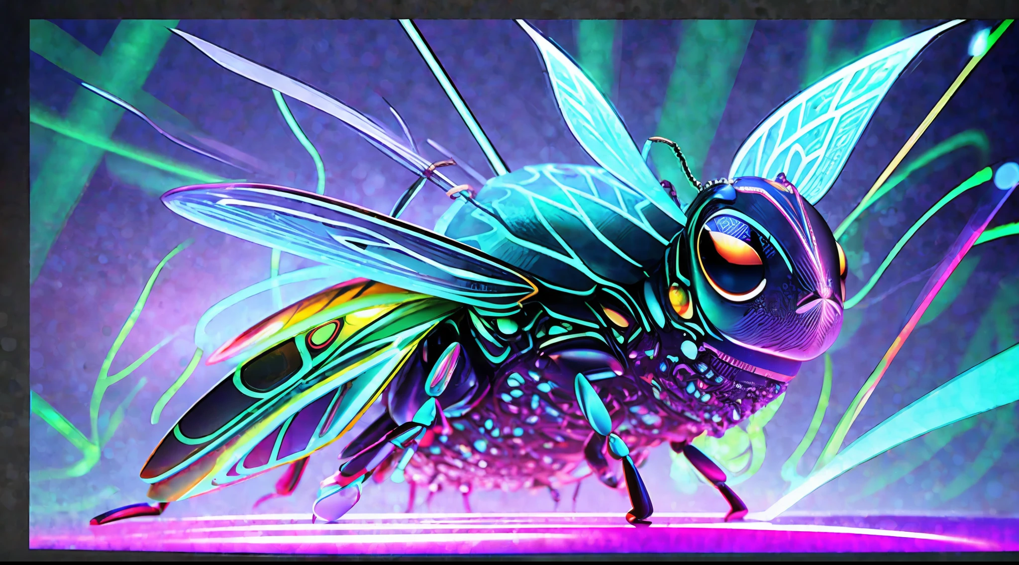 A modern science or technology abstract background depicted as a cyberspace surface illustration in a vector style. The image showcases a futuristic landscape composed of interconnected circuits, lines, and geometric shapes. The colors used are a combination of vibrant blues, purples, and neon tones, creating a visually striking and dynamic composition. The illustration conveys a sense of complexity and advancement, representing the intricacies of the digital realm. The lighting is sleek and uniform, emphasizing the glossy surfaces and adding a futuristic touch. The atmosphere is immersive and futuristic, evoking a sense of exploration in the realm of technology. --v 5 --stylize 1000", 3d, RTX, insanely detailed, ornate pattern, fire, embers, ((insect macro)), ((fractal)), volumetric lighting, caustics, 512paintstyle1, Style-Psycho, eonn2,