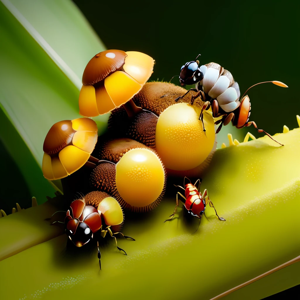 ants anthills made from little mushroom with some caterpilar and some leaves wich one have eaten by caterpillar,variaton