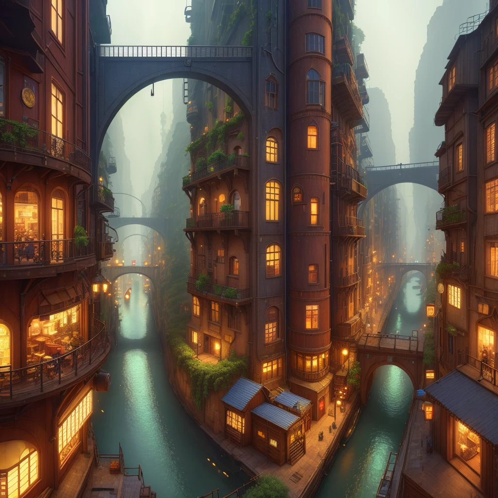 ((high detial)), ((realistic, )) Industrial Age City, Deep valley in the middle, Building streets, market, bridge, Rainy days, Steampunk, European-style architecture, Spatial confusion, fantasy, Multi-space, ((masterpiece)), ((best quality))