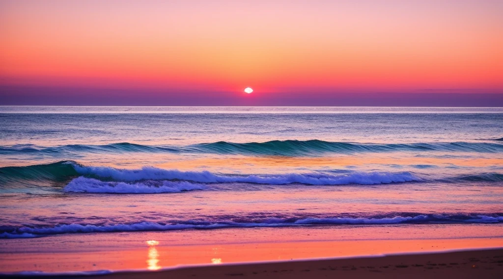 Sunset over the ocean with waves and a bright orange sky - SeaArt AI
