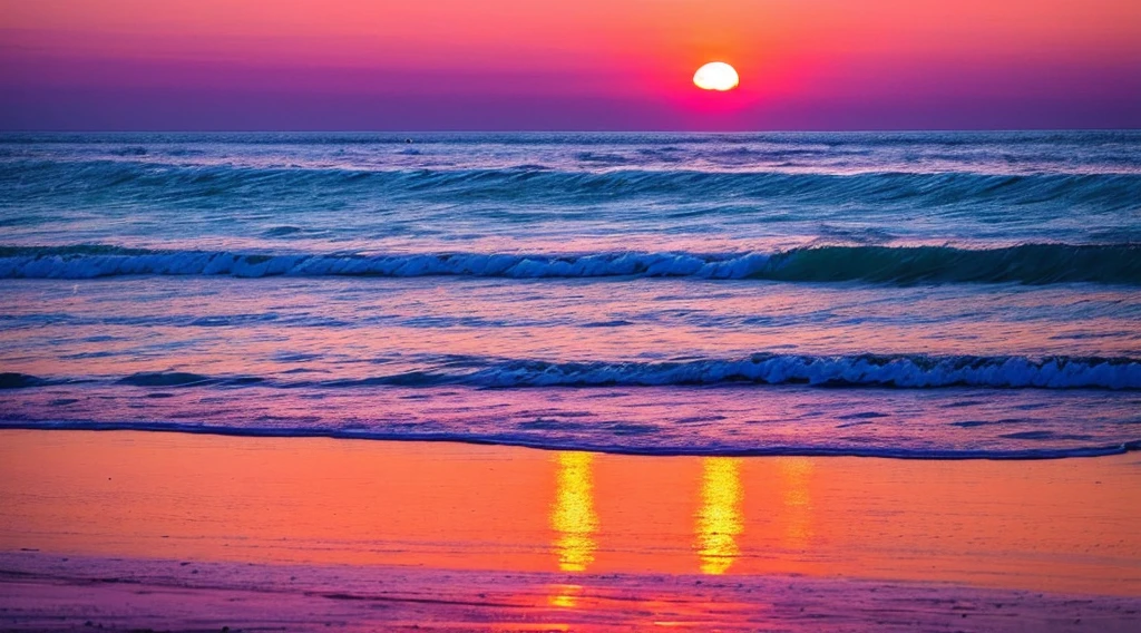 A serene beach at sunrise, with gentle waves lapping against the shore. The sky is painted with hues of pink, purple, and orange, creating a breathtaking backdrop. A lone figure stands at the water's edge, silhouetted against the vibrant colors of the sunrise. The atmosphere is peaceful and introspective, evoking a sense of calm and tranquility. The photography captures the beauty of the beach using a telephoto lens, emphasizing the stunning colors and details. Shot with a full-frame DSLR camera, using a 200mm lens, aperture f/4, and shutter speed 1/500.