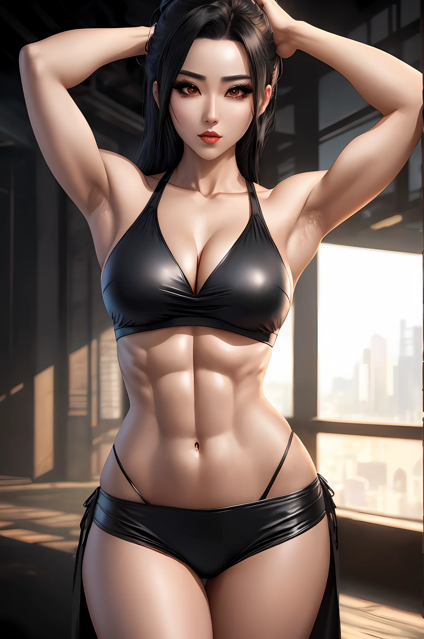 Woman in sensual pose, cosplay, beautiful face, black hair side bangs, Asiatic, toned muscles, after party, detailed background, cartoon, 4k, HDR, high quality, best lighting, best shadows, makeup, detailed background scenery