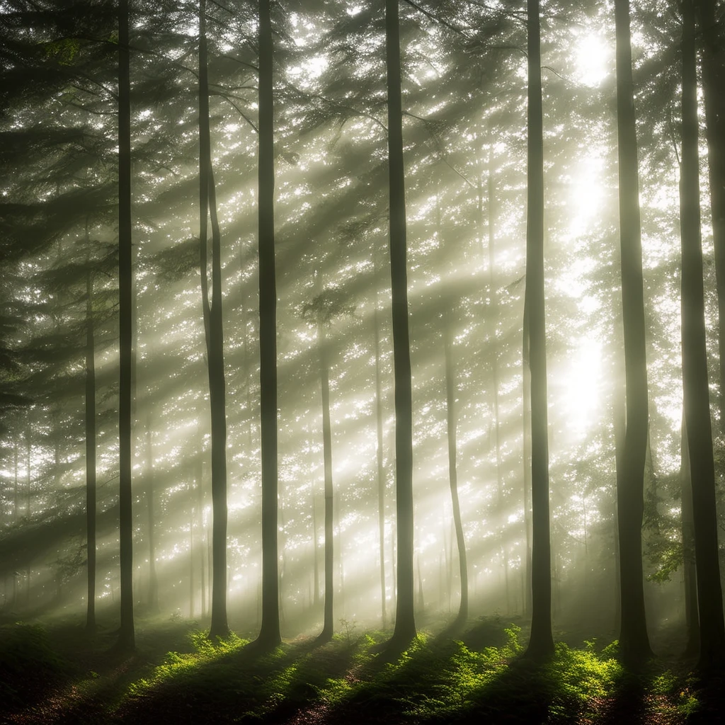 Forest, fog, sunlight, front half, beauty, backlight, white