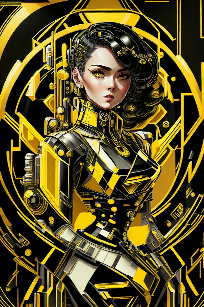 (masterpiece, 4k ,ultra detailed,raw photo:1.2),illustration,
(1woman:1),
(simple background:black and yellow background1.4),
(symmetry:1.2),
(art deco:1.4),
(retro-futuristic:1.4),
(minimalism:1.4),
(clean:1.4),
(flat_color:1.4),
(cyberpunk,android:1.4),
CCDDA  Artstyle, rococo, art nevo