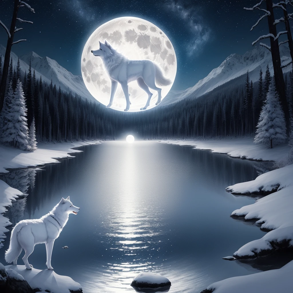 Image of a white wolf howling at the full moon on a starry night in front of a lake in the middle of a forest