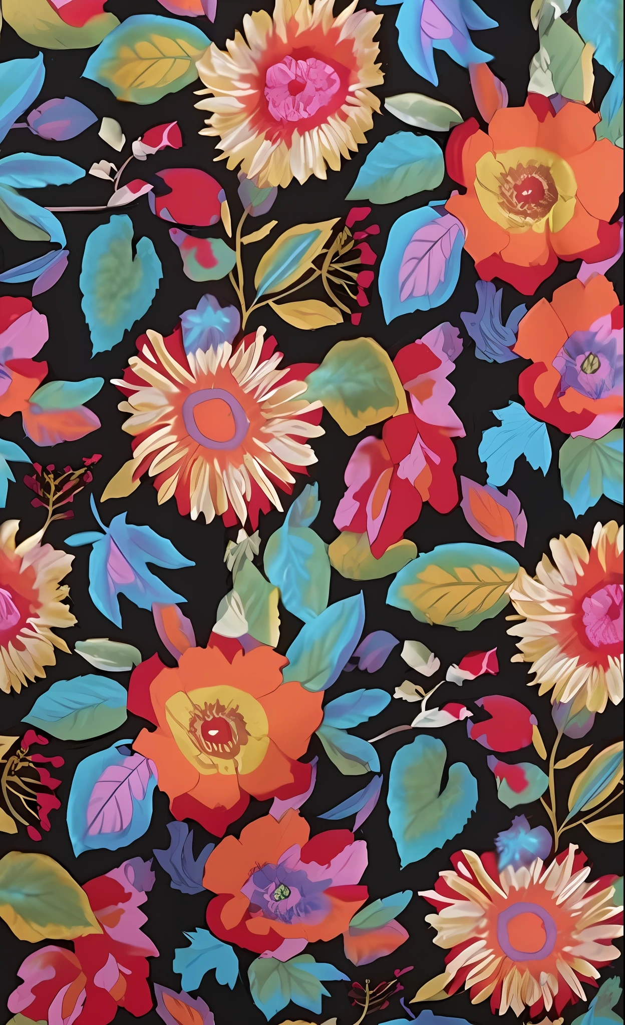 Close up of colorful floral print fabric on black background, manga style, sunflower, leaf, Stroke, Colorful flowers, Textile printing, floral pattern, Brightly colored flowers, Floral embroidery, Gorgeous flowers, Floral motives, the flowers, high detailed, ultra hd, high detailed, Color field painting, Color Field painting, anime style, best quality, UHD, best quality, high details