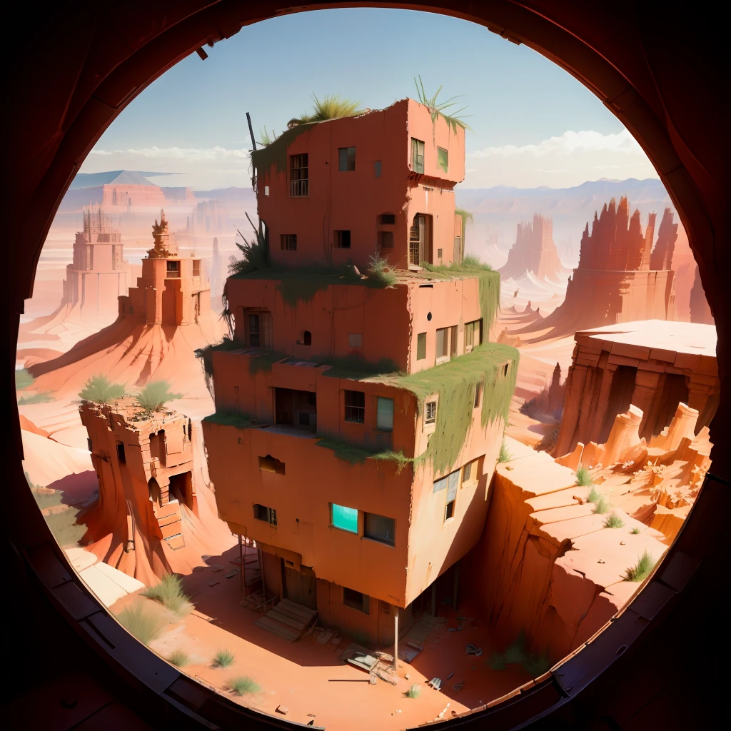 an anime makeshift house, scraps and metals, aerial view, in the middle of a vast red canyon, aesthetic