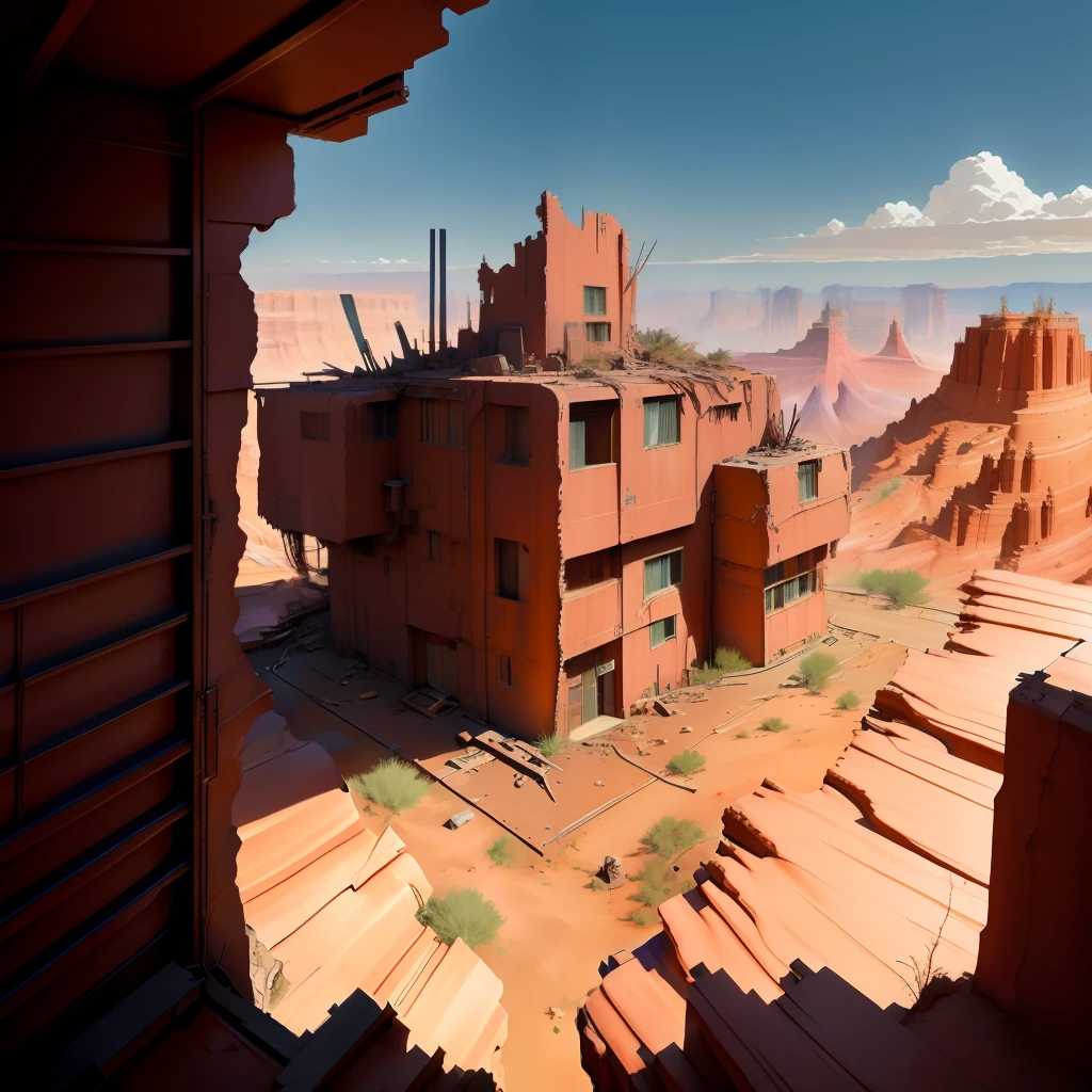 an anime makeshift house, scraps and metals, aerial view, in the middle of a vast red canyon, aesthetic