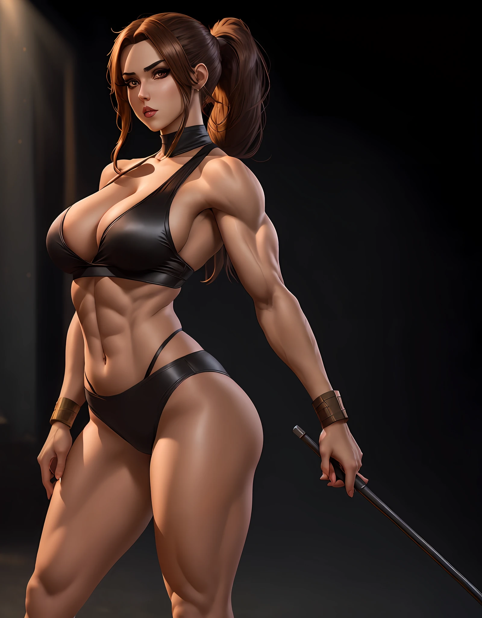 Woman in sensual pose, Cosplay, Cute face, Brunette with ponytail, toned muscles, proportional hands, After Party, Detailed background, Cartoon, 4K, HDR, high quality, best lighting, best shadows, makeup, Detailed background scenery