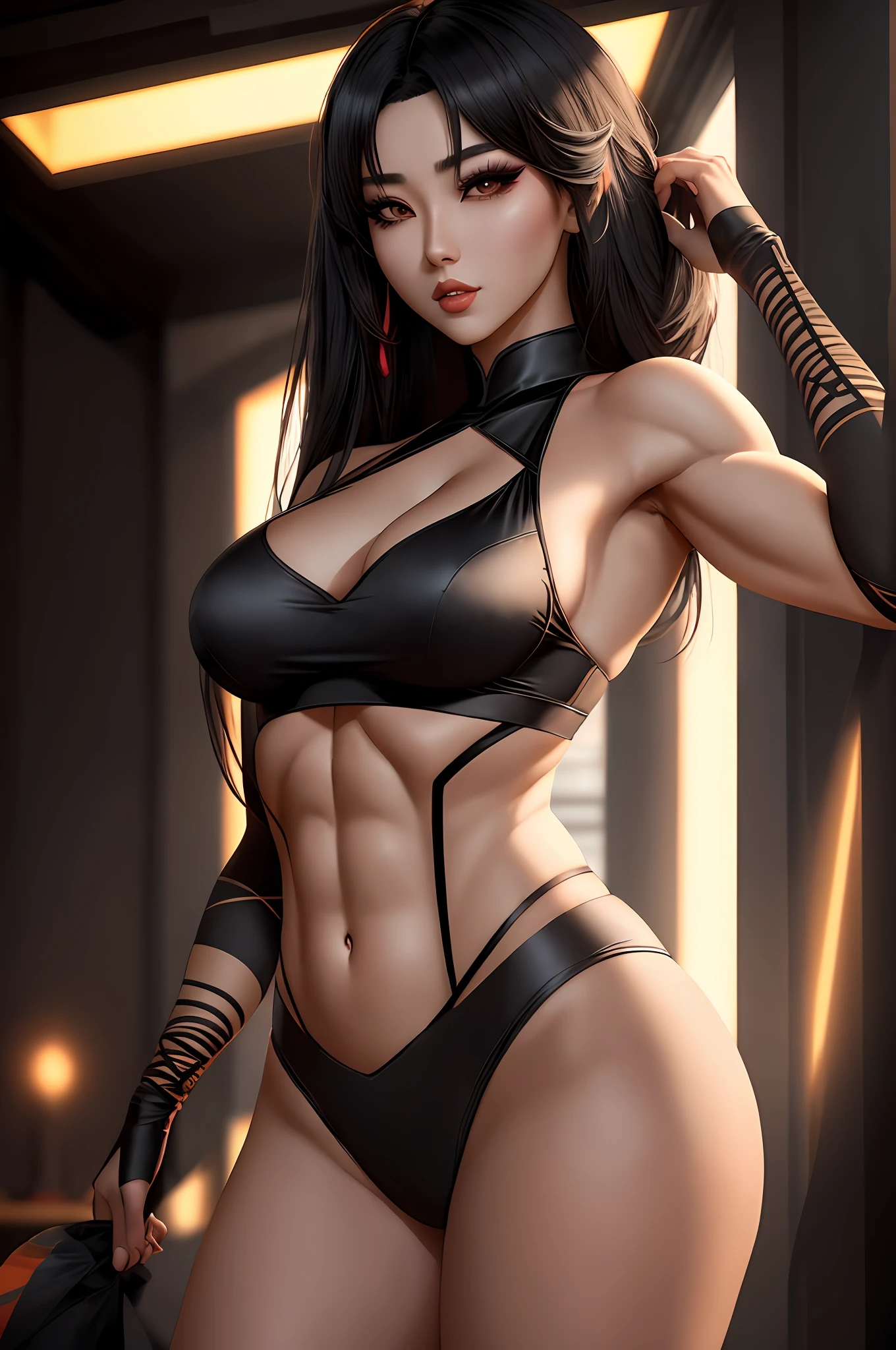 Woman in sensual pose, cosplay, beautiful face, black hair side bangs, Asiatic, toned muscles, after party, detailed background, cartoon, 4k, HDR, high quality, best lighting, best shadows, makeup, detailed background scenery