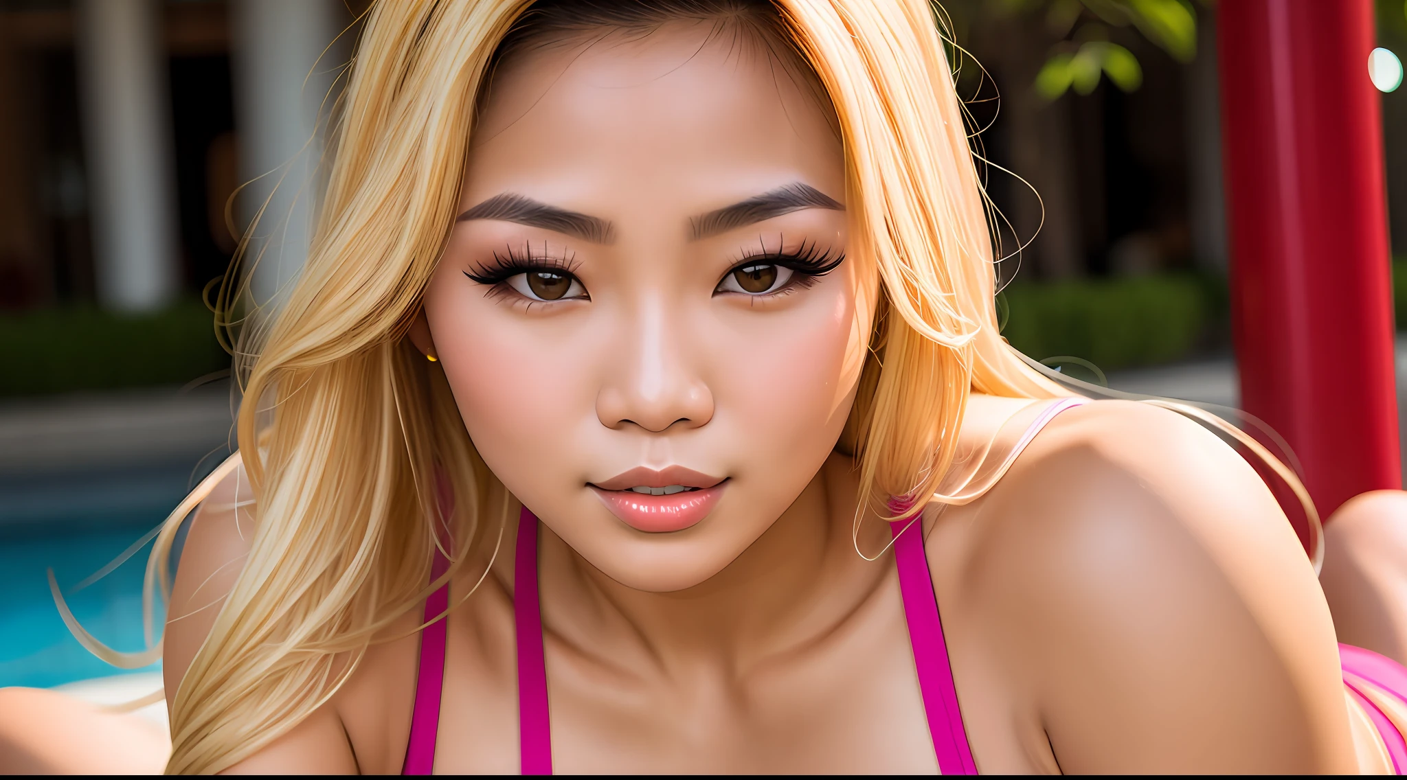 close up on a beautiful young Vietnamese woman with blond hair and a super fit body