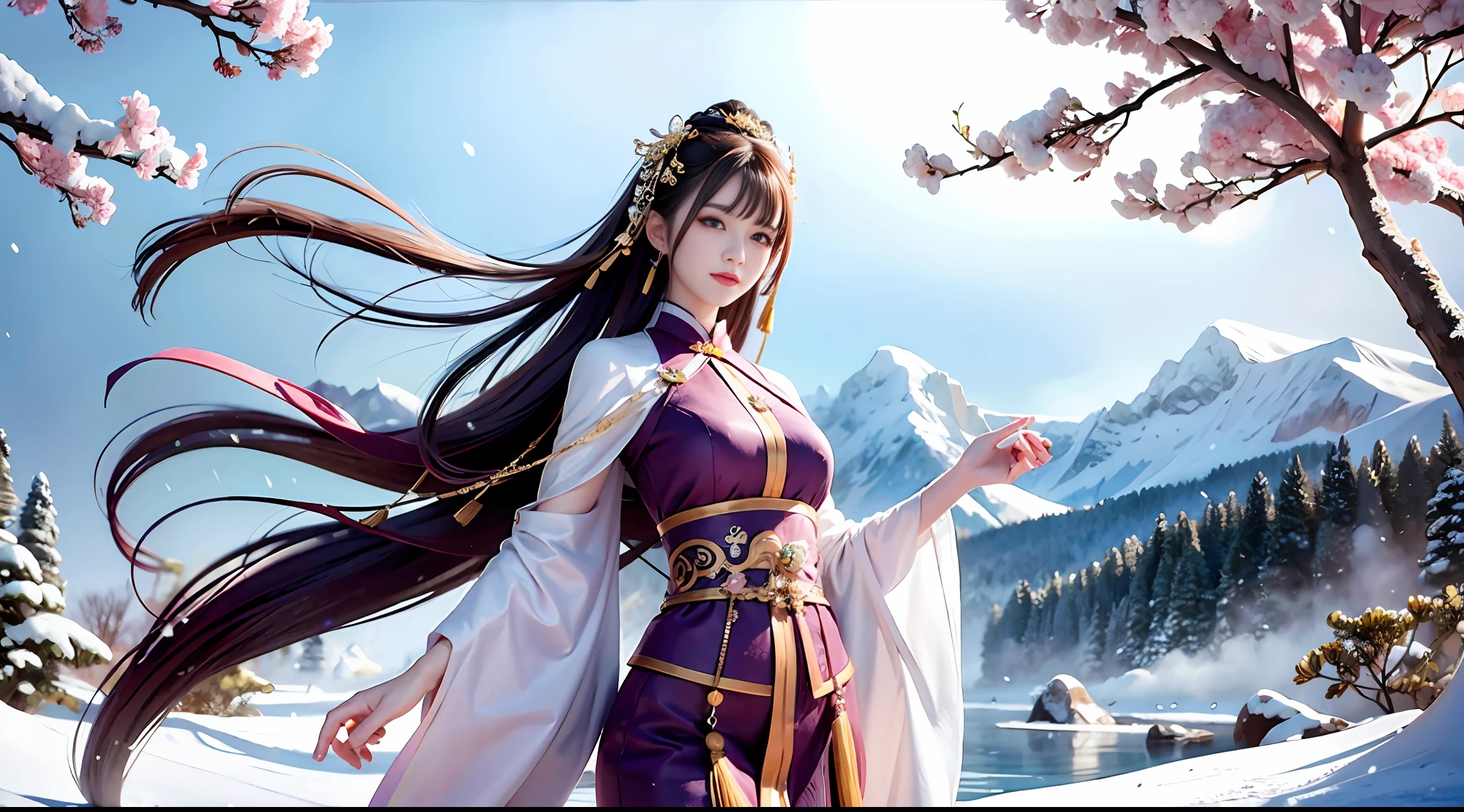 Ultra detailed, beautiful and beautiful, masterpiece, best quality, ancient Chinese style, (1 girl), (solo exhibition: 1.4), medium breasts, (long floating hair), jewelry in hair, very detailed, streamers, (floating pibo: 1.6), wind, Chinese landscape, dreamy, spectacular, (fog: 1.4), (river: 1.4)), (snow mountain), (snow: 1.4), (plum blossom: 1.4)