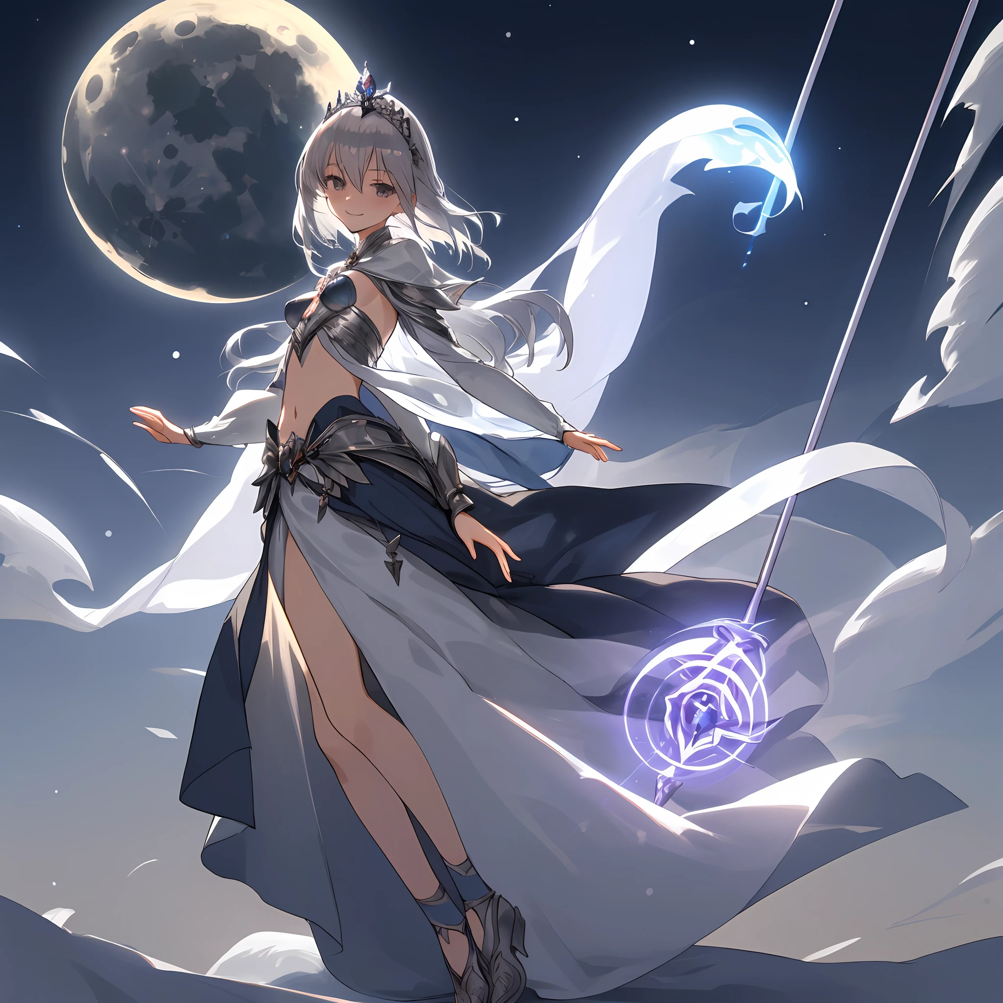 Fair skin, female, medium breasts, slender legs, magical, midriff, stomach, medium skirt, sheer silver top, silver hair, full body, gray eyes, tiara, mature, small smile, head tilt, cute eyes, magic staff, small sheer cloak, moon lit background, five fingers, normal hands, high resolution, two arms, normal human hands, 2 arms