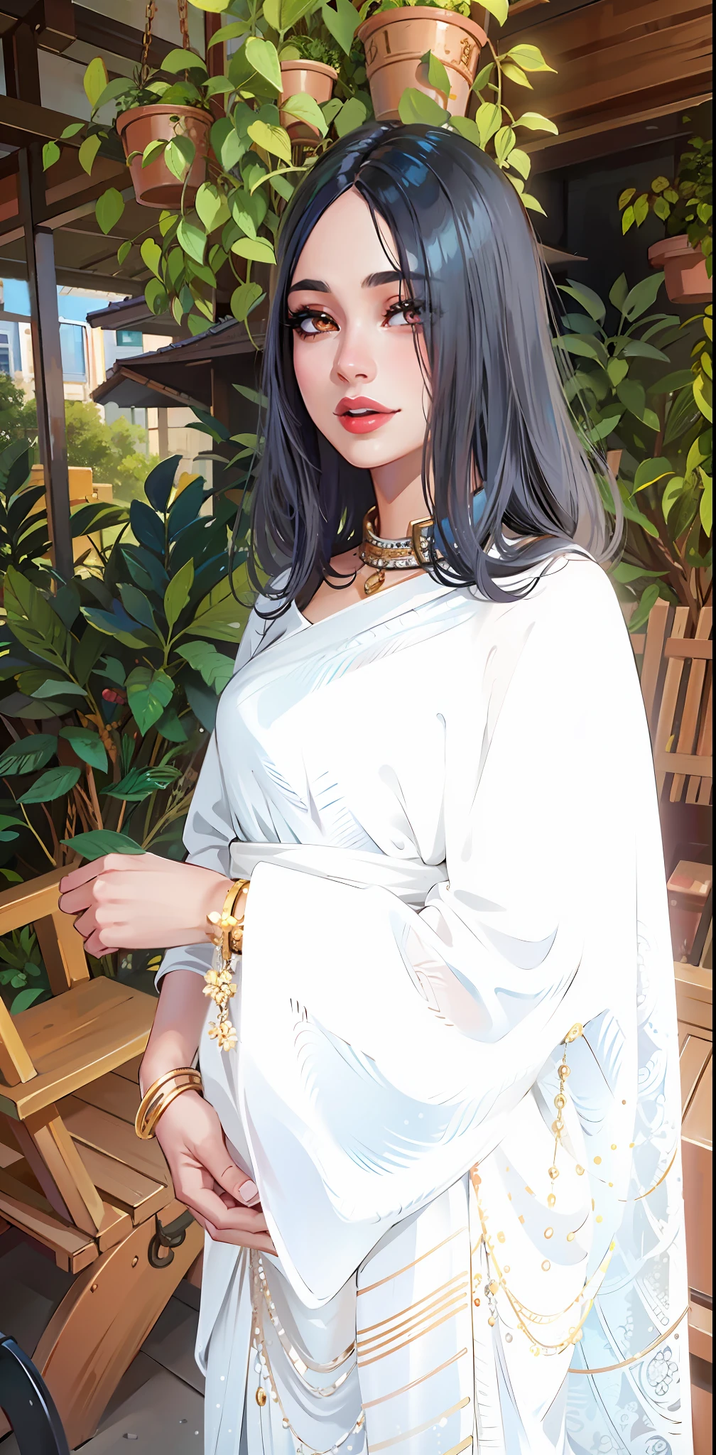 (masterpiece),(best quality:1.0), (ultra highres:1.0), detailed illustration, 8k, anime, 1girl, beautiful anime girl, in a sari, wearing a white sari, elegant pose, smiling, jewellery,  pretty face, detailed face, beautiful eyes, detailed eyes, black pupils, perfect eyes, both eyes, red lips, red lipstick, black hair, highlights in hair, standing, coffee shop, detailed, intricate, anime style