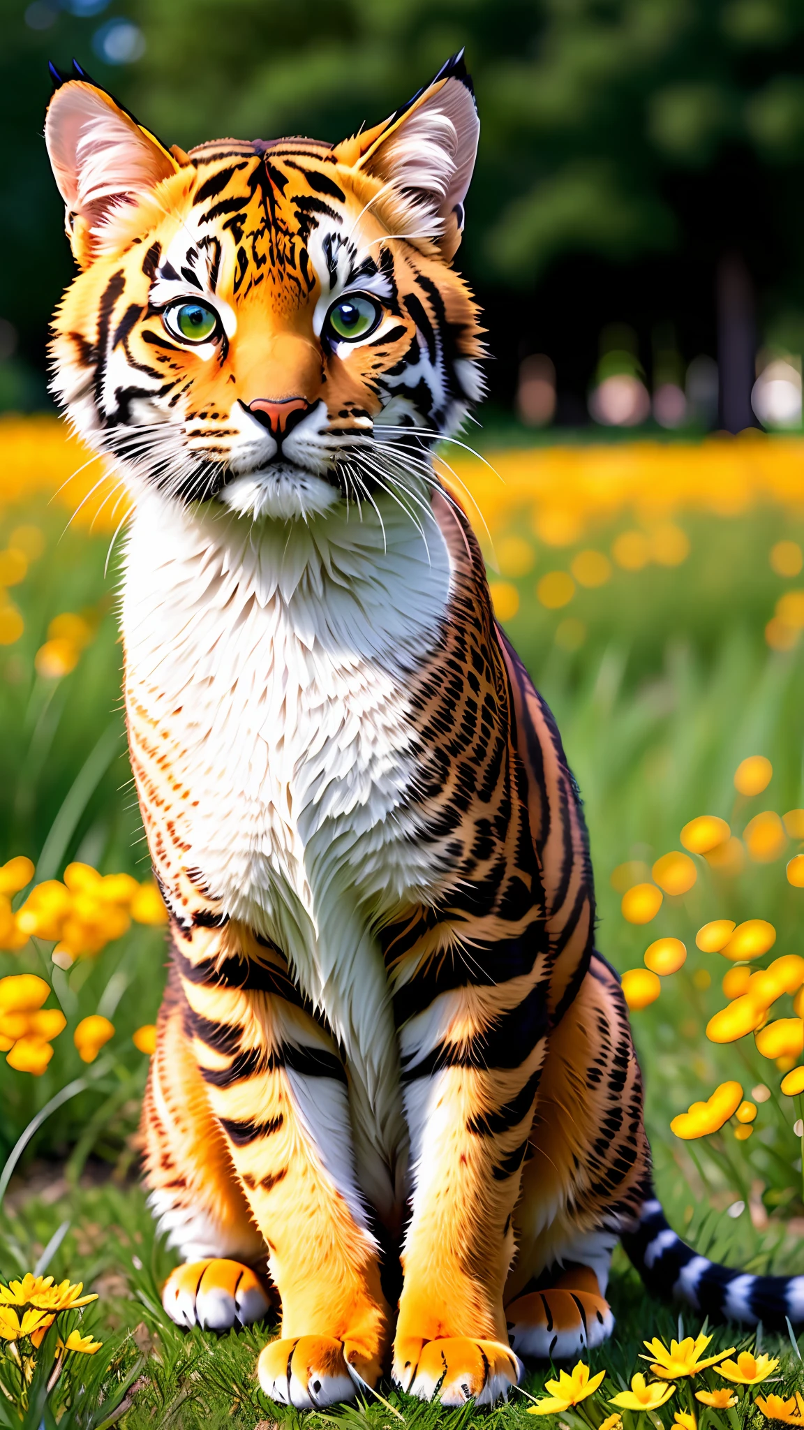 (Masterpiece Image Quality, IMAGEN_DE_8K, ATENCIÓN_AL_DETALLE) (1 cat),cats with orange fur, gray fur, brown fur, tiger striped fur, leopard spotted fur, white fur: 1.3, black fur, cute facial posture, yellow eyes, green eyes: 1.2, kind and comforting look, emotional therapy, green background with bright colors of grass and flowers, nature visual therapy.