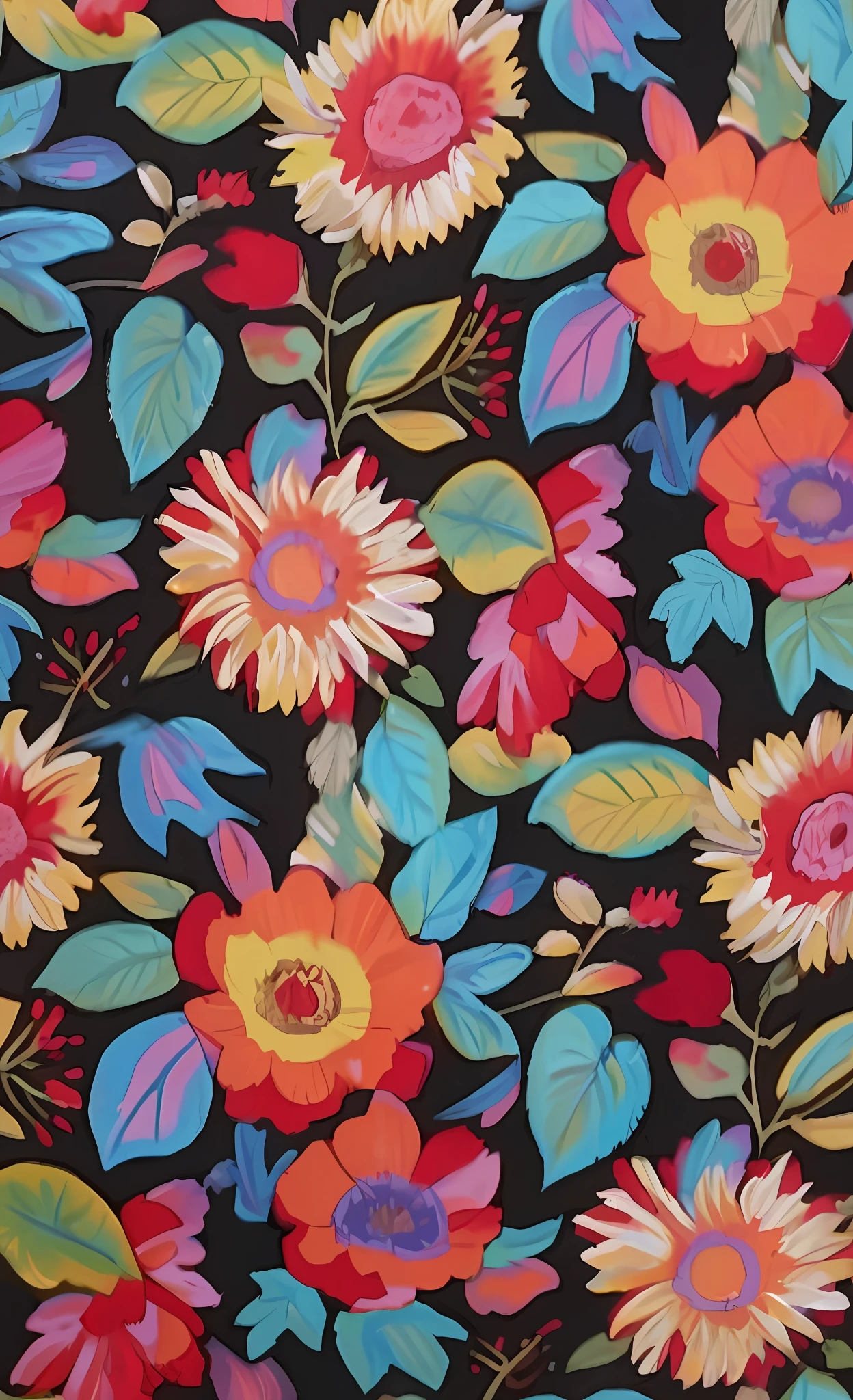 Close up of colorful floral print fabric on black background, manga style, sunflower, leaf, Stroke, Colorful flowers, Textile printing, floral pattern, Brightly colored flowers, Floral embroidery, Gorgeous flowers, Floral motives, the flowers, high detailed, ultra hd, high detailed, Color field painting, Color Field painting, anime style, best quality, UHD, best quality, high details