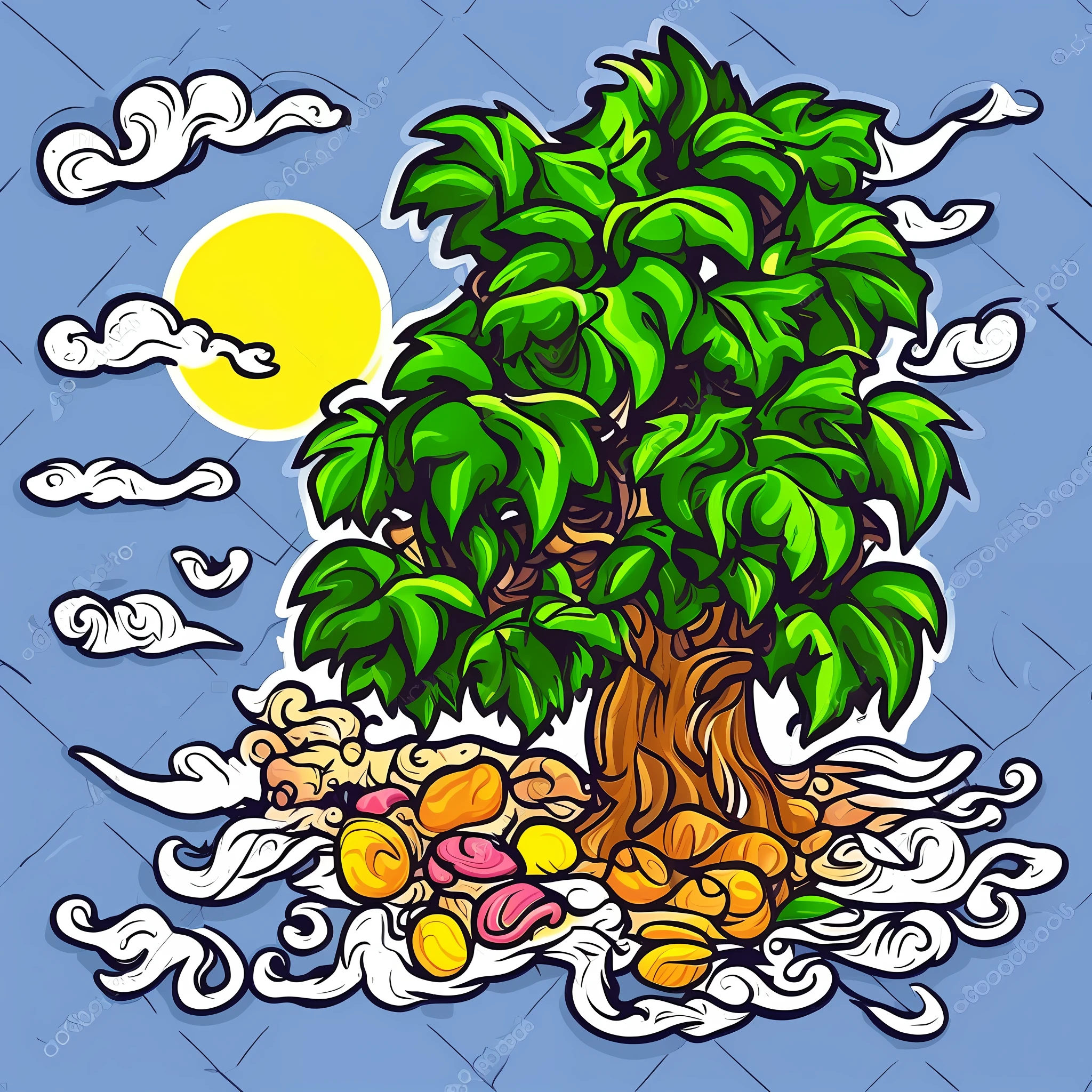Vector beach landscape sticker, sunny day, atmospheric lighting