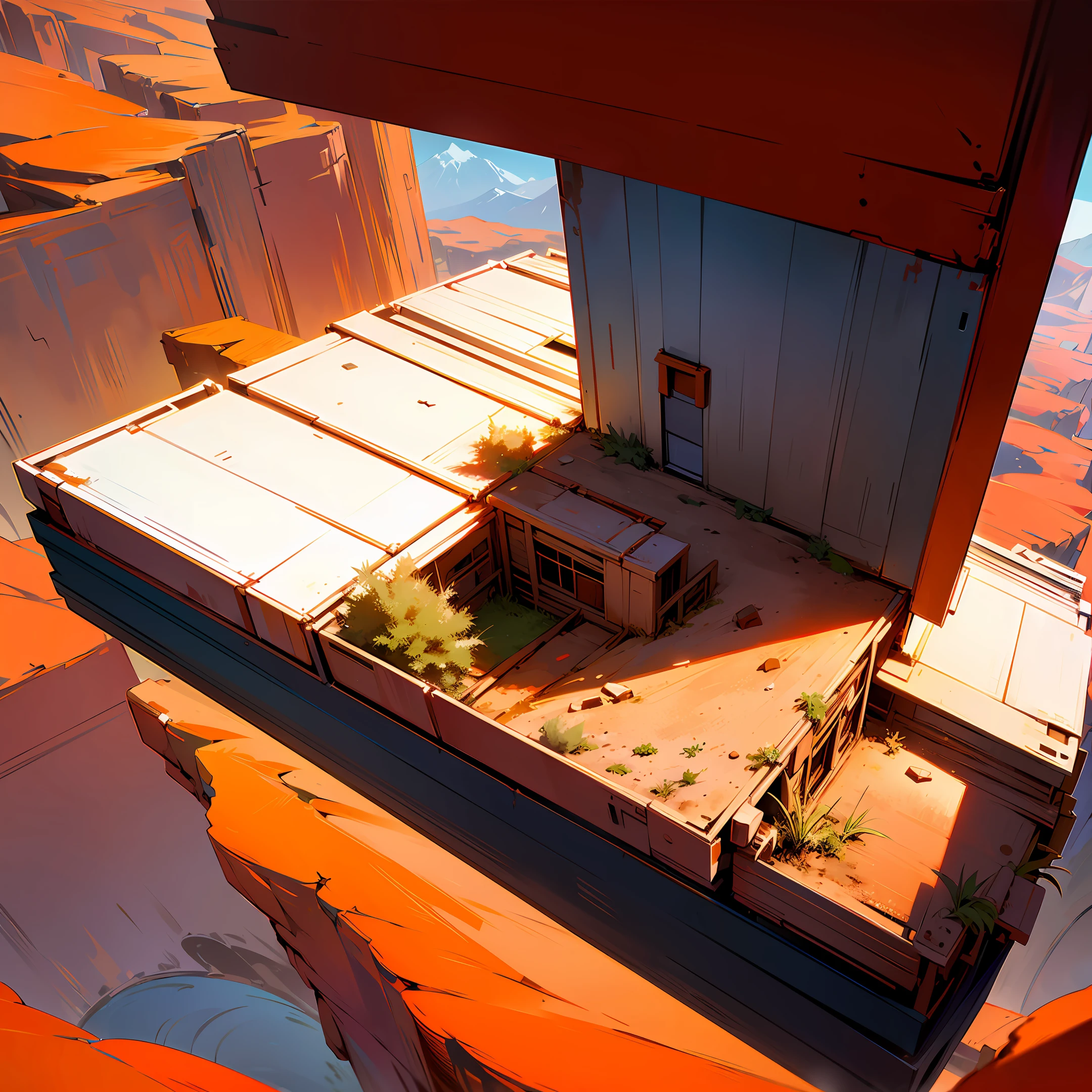 an anime makeshift house, scraps and metals, in the middle of a vast red canyon, aesthetic