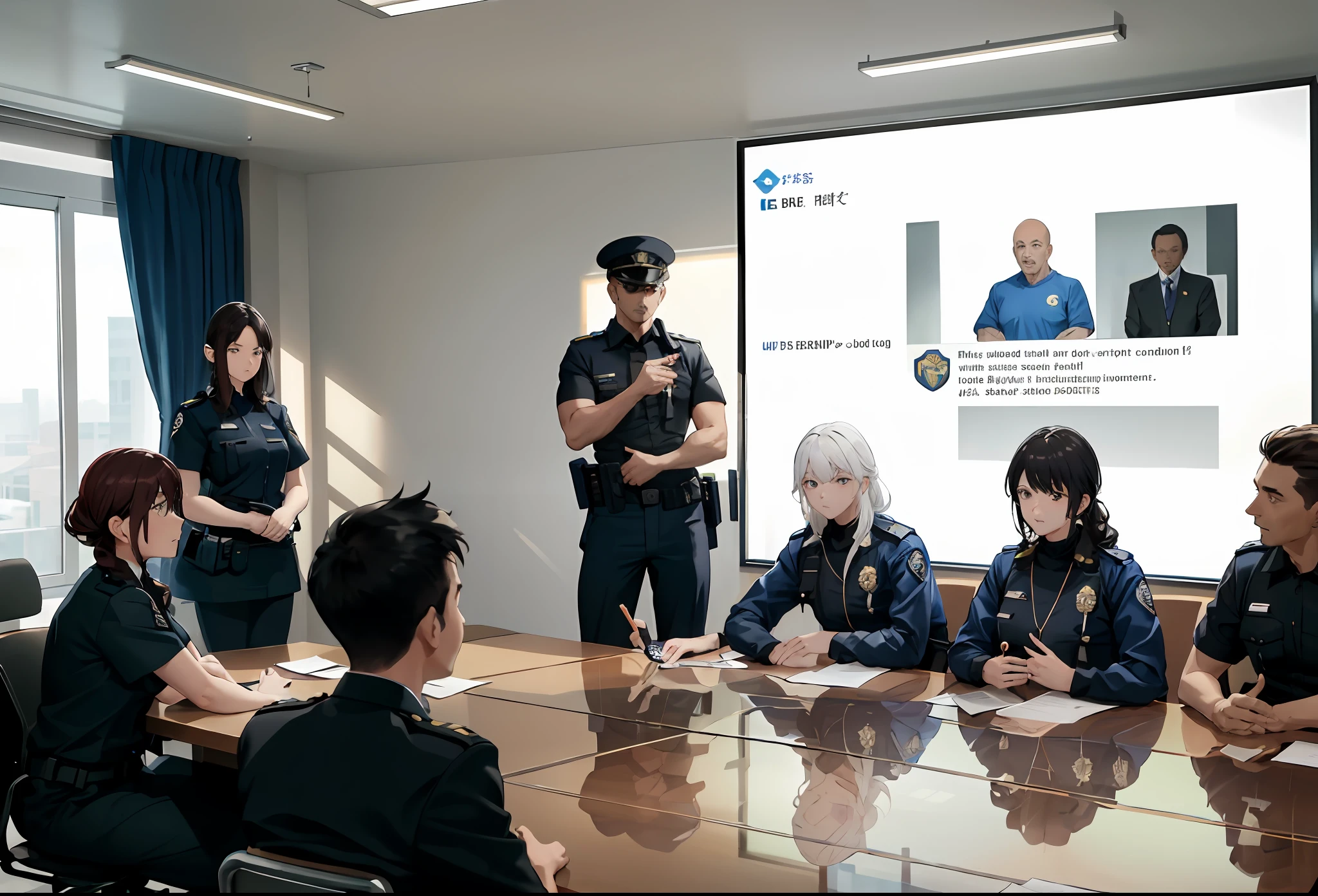 several police officers sitting around a conference table in a meeting room, subtitles, with subtitles, 1080p, 1 0 8 0 p, police officers, 480p, 4 8 0 p, video, screenshot from a movie, video still, transparent background, cop, 🕹️ 😎 🚬, interesting background, youtube video screenshot