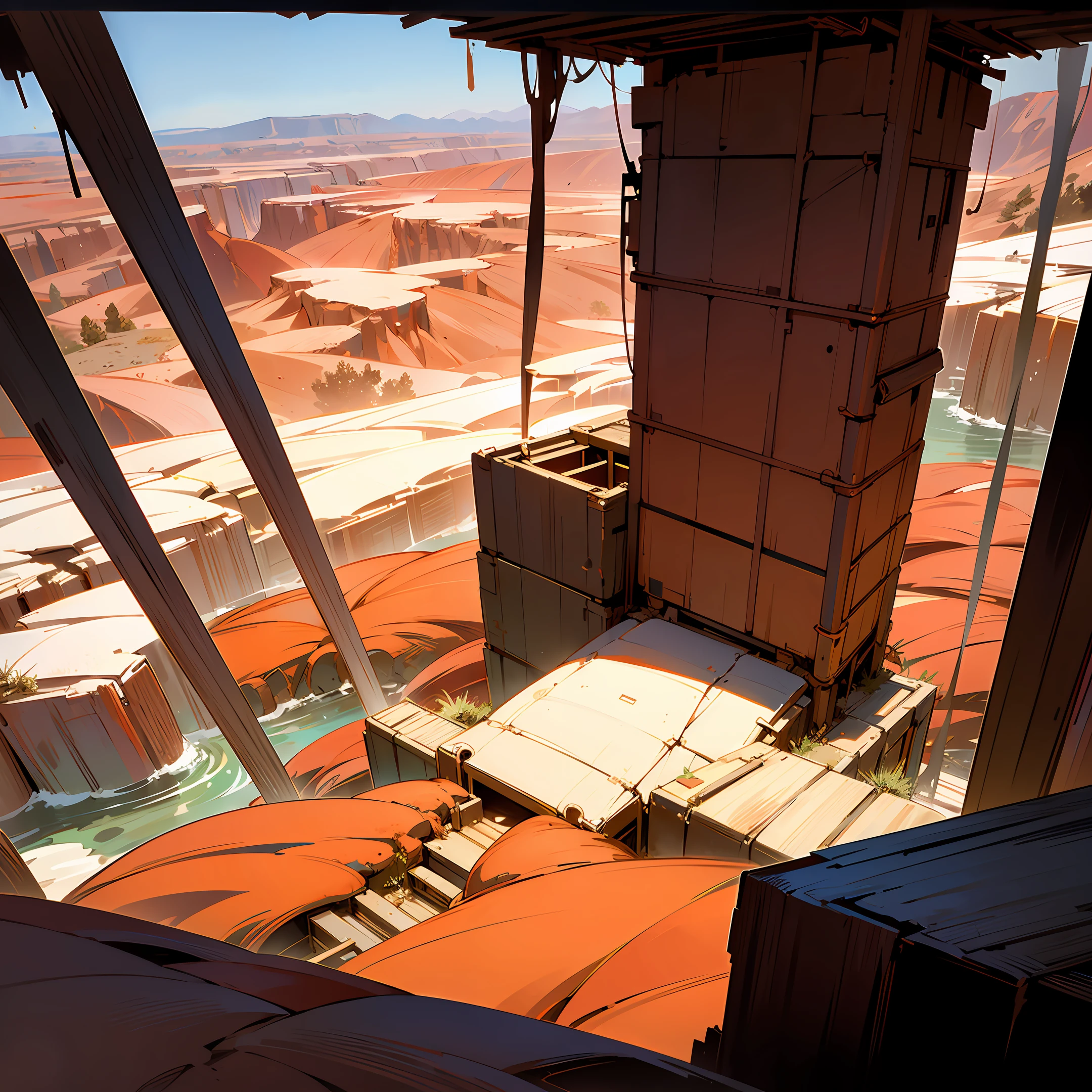 an anime makeshift house, scraps and metals, in the middle of a vast red canyon, aesthetic