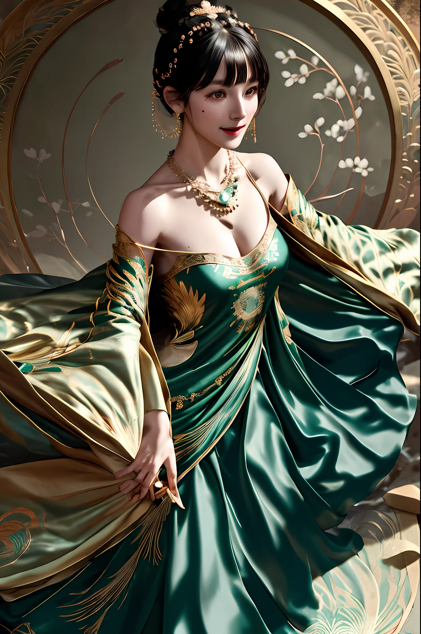 detailed skin texture, detailed cloth texture, beautifully detailed face, masterpiece, best quality, ultra detailed, 8k, intricate details, best quality, 1girl, bangs, bare_shoulders, black_hair, ancient china background, big breasts, thin, cape, cleavage, collarbone, green dress with patterns, gloves, hair_bun, hair_ornament, hair_stick, jewelry, one mole under eye, necklace, smile, solo, thighhighs, (hiqcgbody:0.5), (hiqcgface:0.5),  full-body shot,