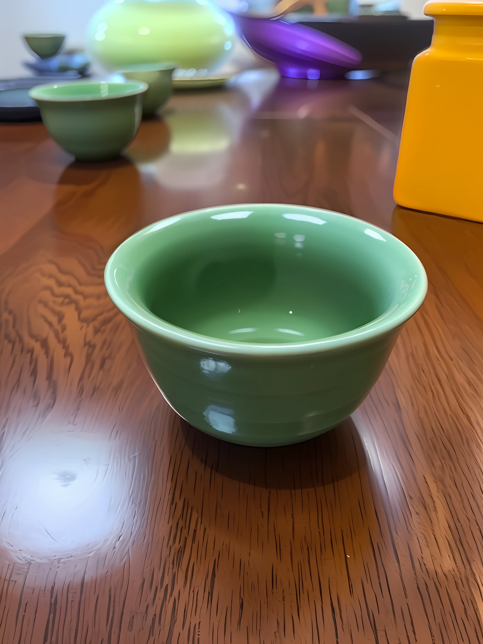 there is a green bowl sitting on a wooden table, with celadon glaze, celadon glaze, tea cup, year 2447, greenish tinge, the sacred cup of understading, year 2 8 6 6, year 3022, style of guo hua, daoshu, ceramic pot, bowl, 4 0 9 6