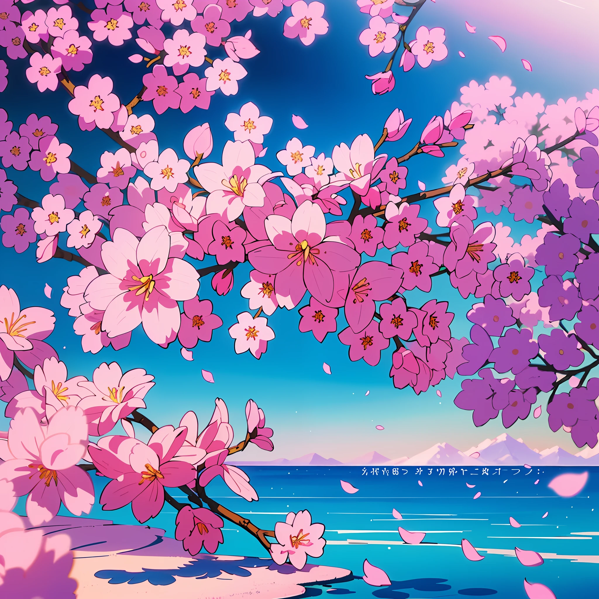 Masterpiece, best quality, (very detailed 8k wallpaper) (best quality), (best illustration), (best shadows) Nature&#39, blue sea,delicate leaves petals of various colors falling in the air light Tracking, super detailed --v6, pink sakura blossoms, white waves
