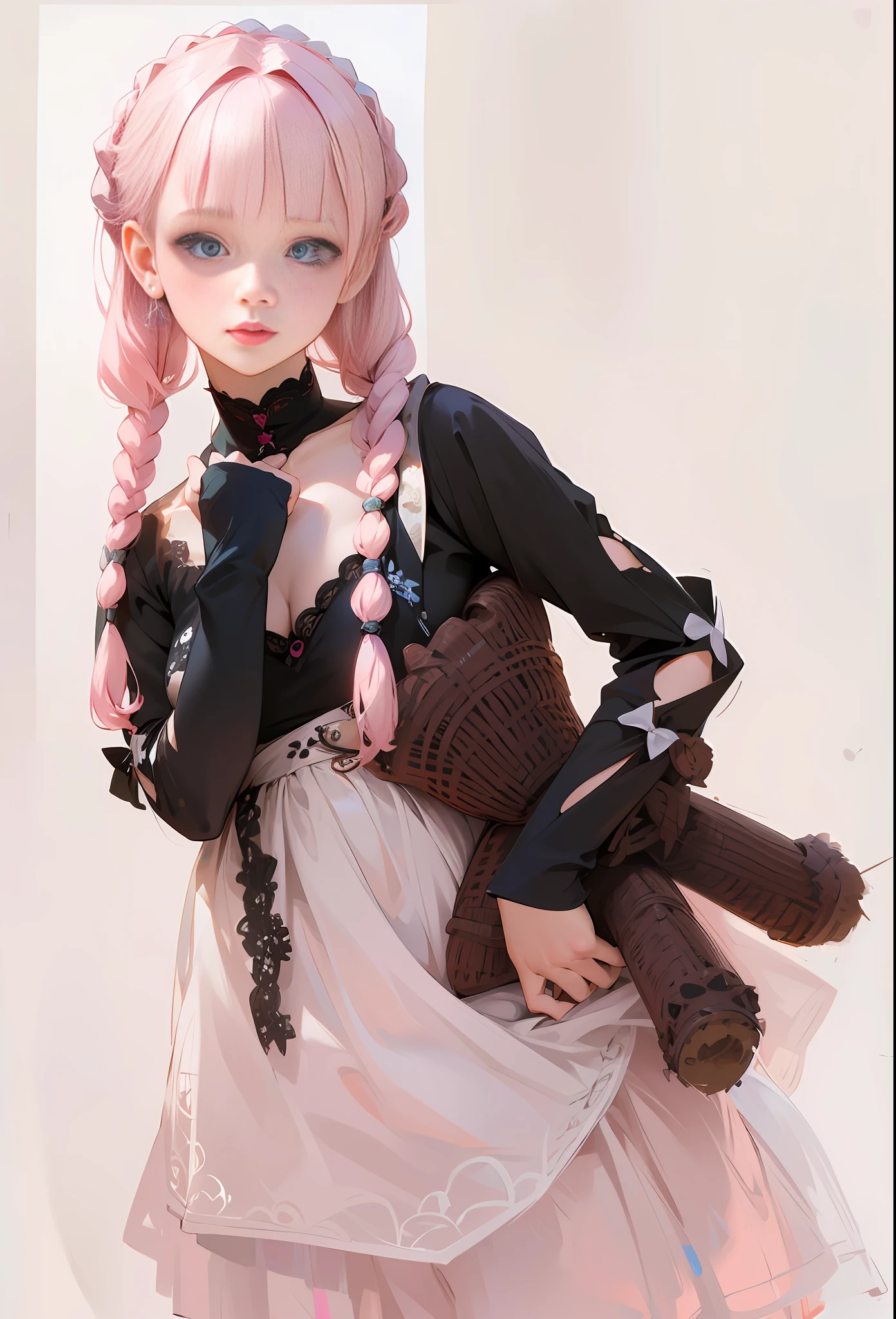 There is a woman in pink dress holding teddy bear, Guvez style artwork, Guvez, loli, cute 3d anime girl rendering, realistic anime girl rendering, WLOP style, April rendering, ball joint doll, WLOP style, loli in dress, beauty Delfin, (8k, RAW photo, best quality, masterpiece:1.2), (realistic, photo-realistic: 1.37), 1girl, solo, good-looking hands, pink hair, blue eyes, braids, blunt bangs,