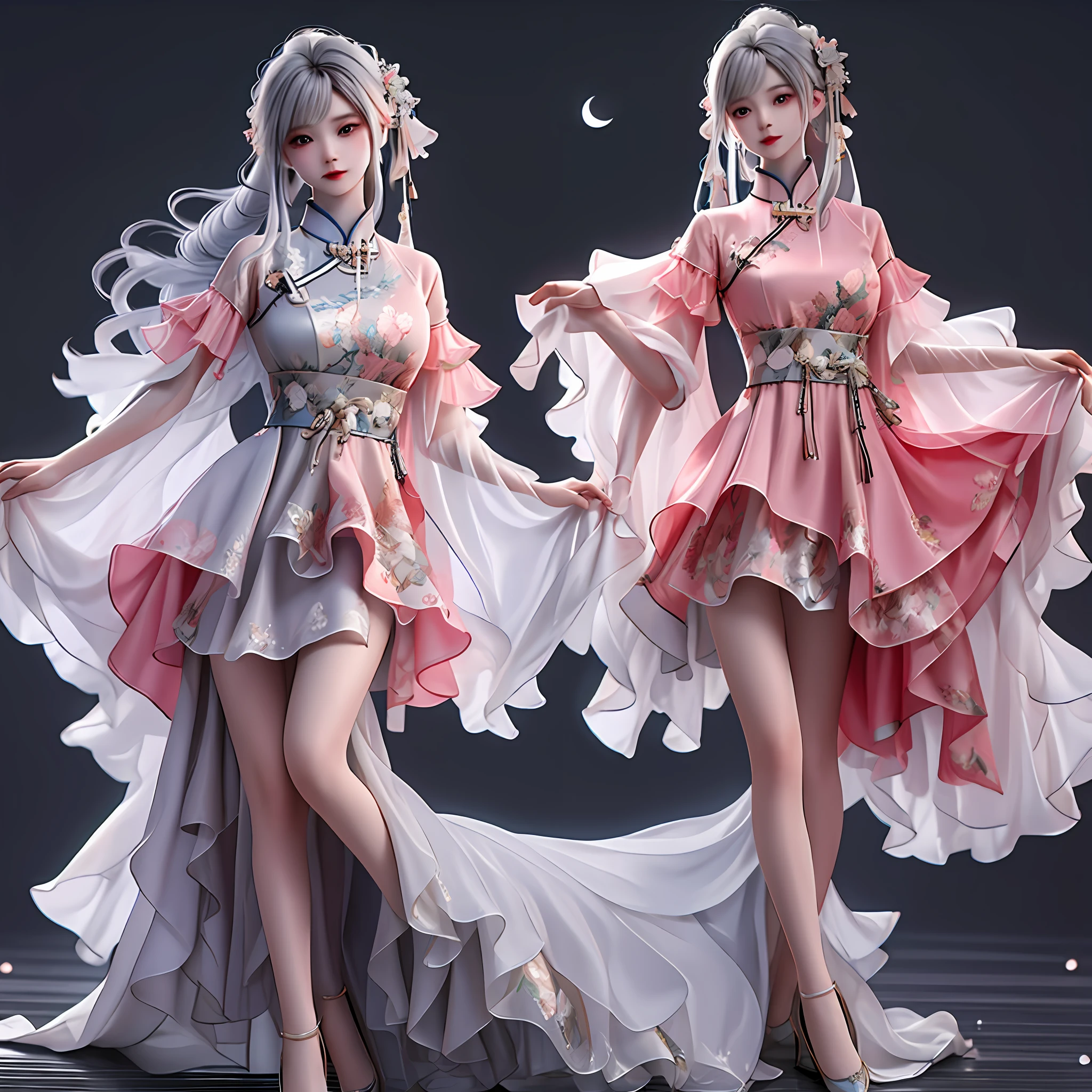 masterpiece, best quality,newchinesestylesuit,,1girl , looking at viewer, full body, simple background, Cement Gray dress, white hair, moon, night