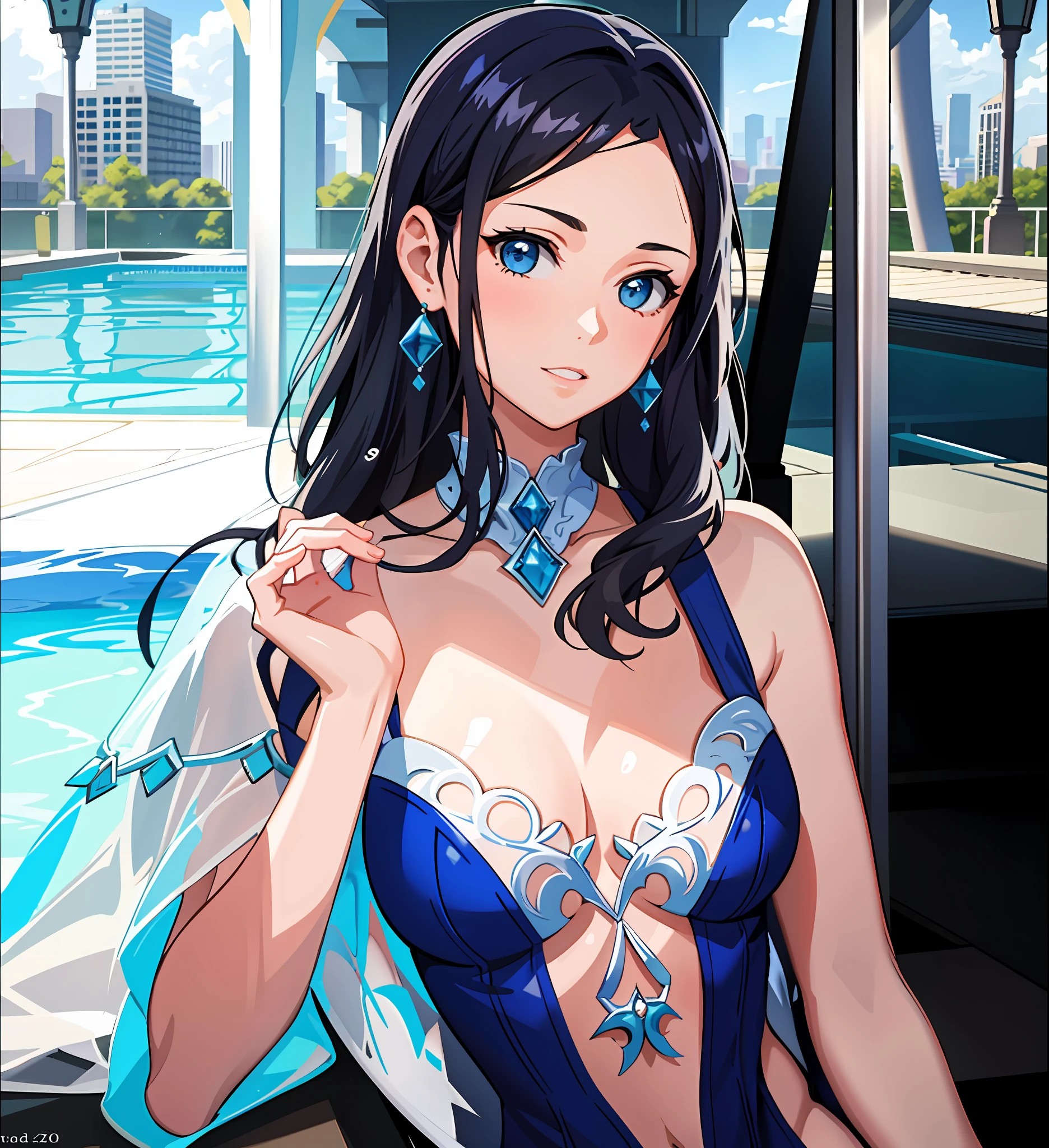 Woman in blue bikini sitting on a ledge by a pool, small breasts, flat chest, her belly button is exposed, wet swimsuit, high quality, HDR, HD, 4K, masterpiece, cartoon