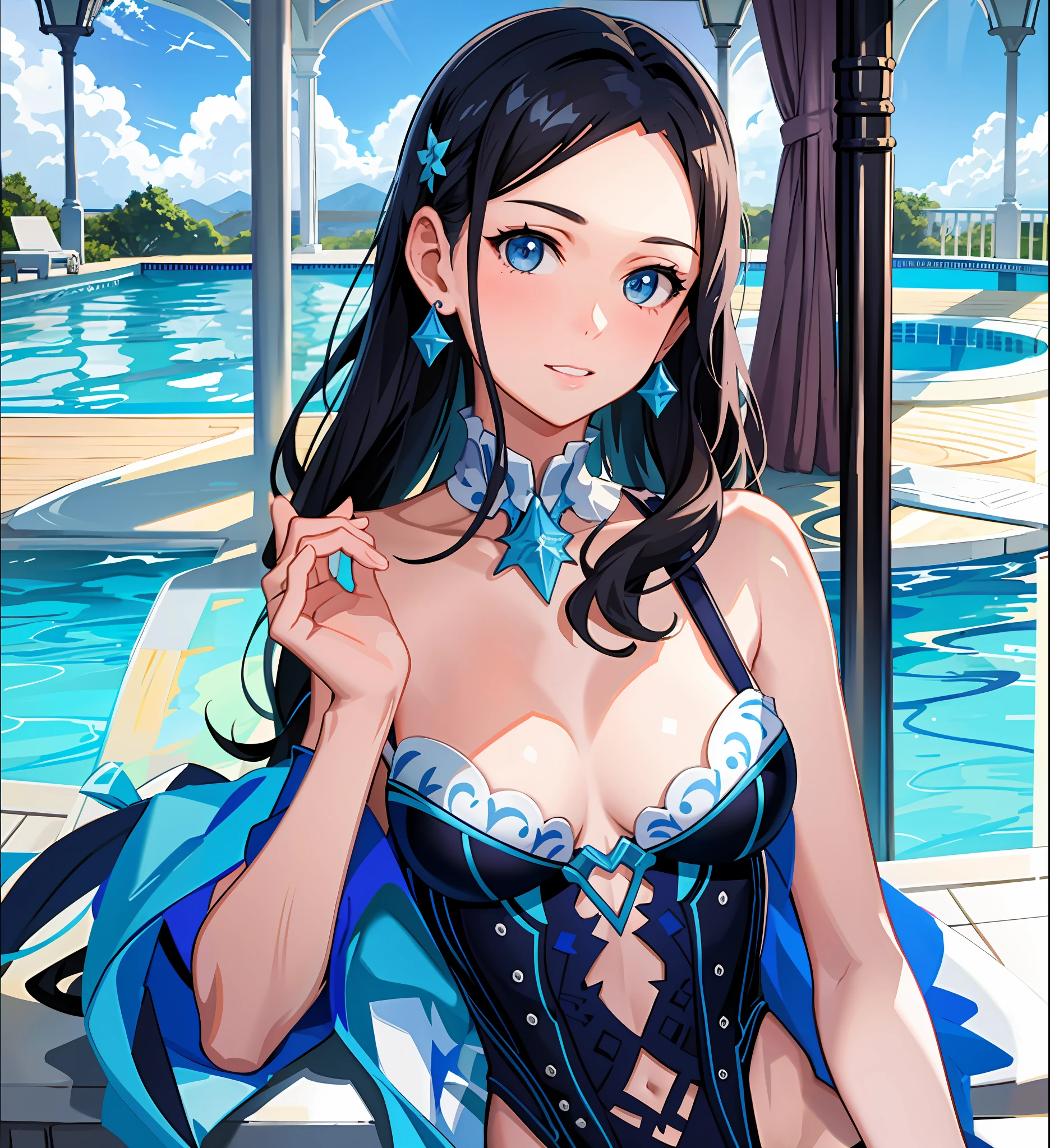 Woman in blue bikini sitting on a ledge by a pool, small breasts, flat chest, her belly button is exposed, wet swimsuit, high quality, HDR, HD, 4K, masterpiece, cartoon