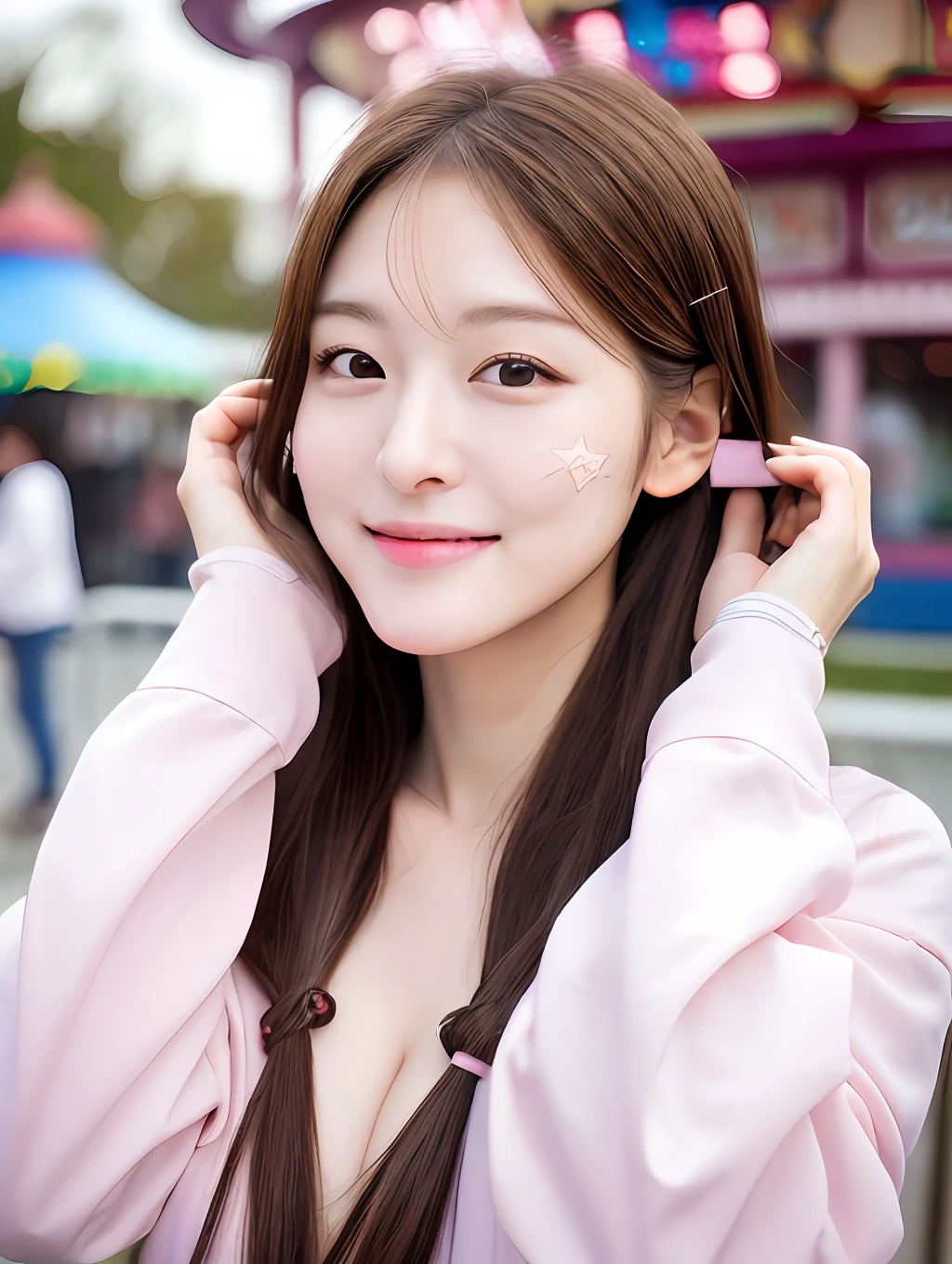 realistic photos of (1 cute Korean star) tying her hair, thin makeup, medium breasts, slightly smile, pink long sleeve shirt, in the amusement park, clear facial features, masterpiece, (high profile: 1 1) natural skin, high quality, NSFW, Beautiful Eyes, (Faces and Detailed Eyes), (Faces: 1 2), Noise, Special, Real Photo,