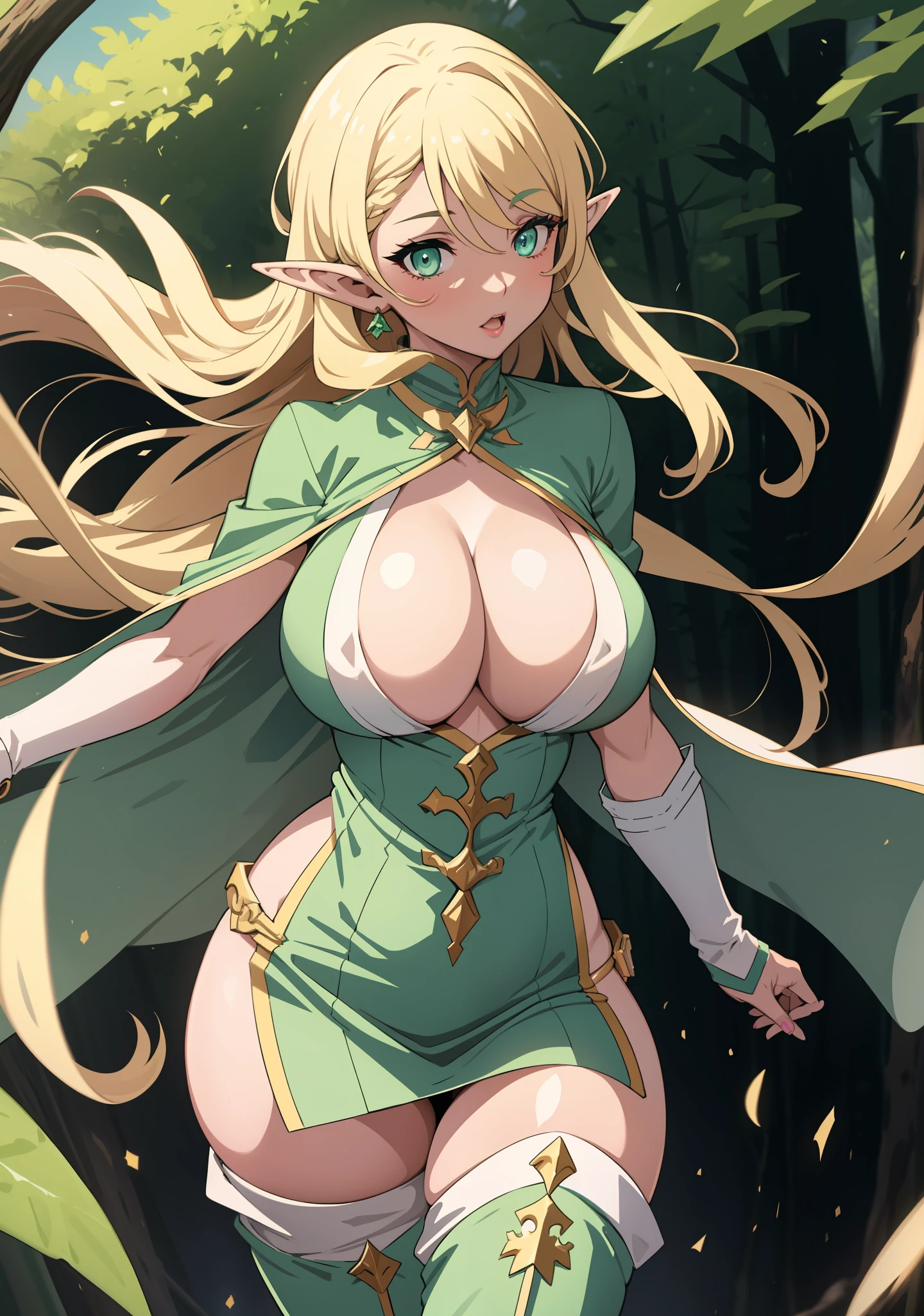Unparalleled Details,8K,Unparalleled Quality,Anime,Ethereal,,(gigantic breasts: 1.6),(Disproportional Tits: 1.5),(breasts squeeze: 1.3),Absurdres,Realism,Realisitc,\(Detailed Beautiful Mature Face\),\(Hyper-Detailed Mint Eyes\),Long Blonde Hair,(Solo:1.4),1Girl,(Standing:1.2),Elf,Pointy Ears,Deep Cleavage,(Curvy: 1.4),Milf,Bimbo,Wide Hips,Big Ass,Dressed like a slutty elf ranger in Ill Fit Clothing,(thigh high white boots),Nature, Forest,hide hands,[[[intricate-perfect-fingers-on-hands]]],venusbody