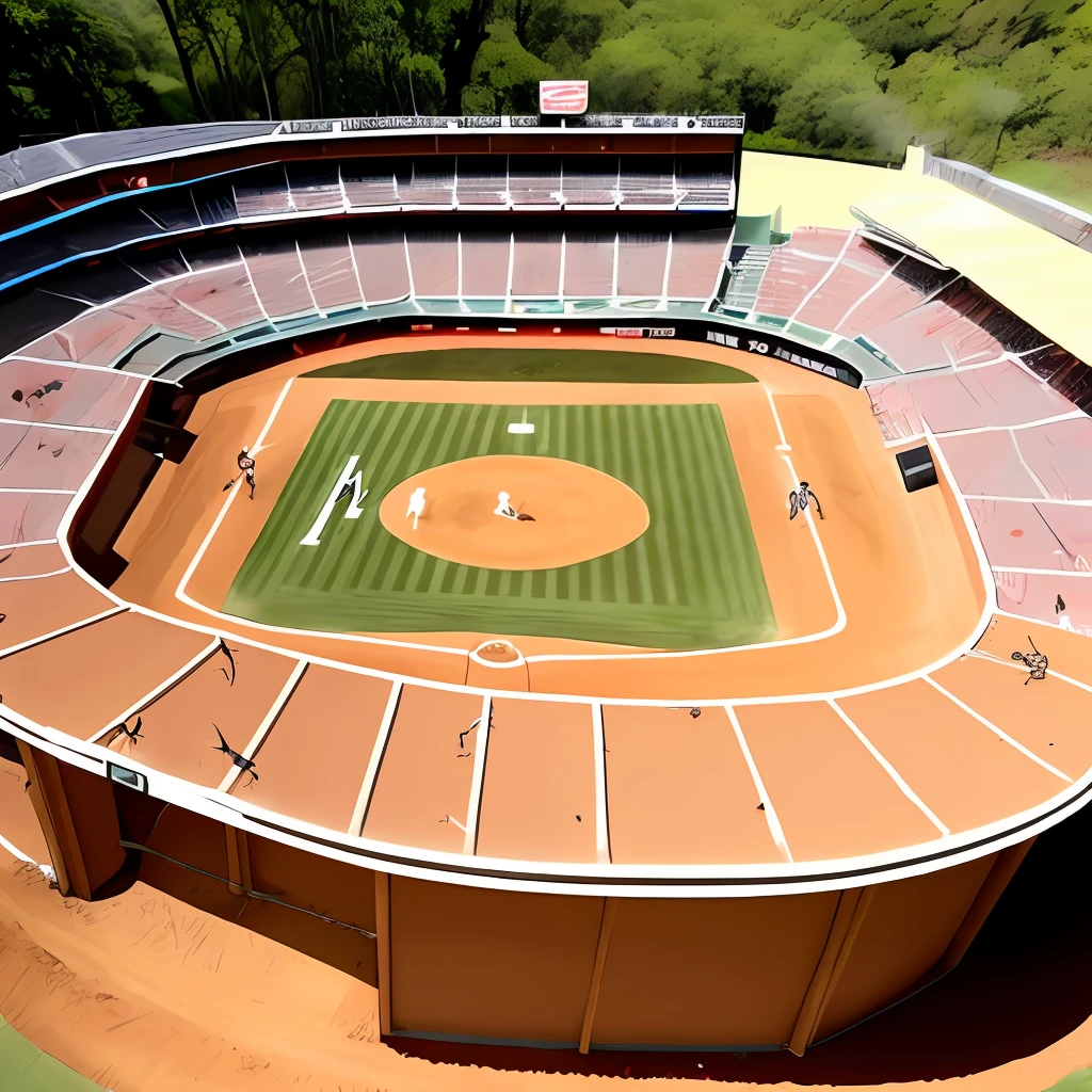 an anthill baseball stadium with ants playing baseball on it