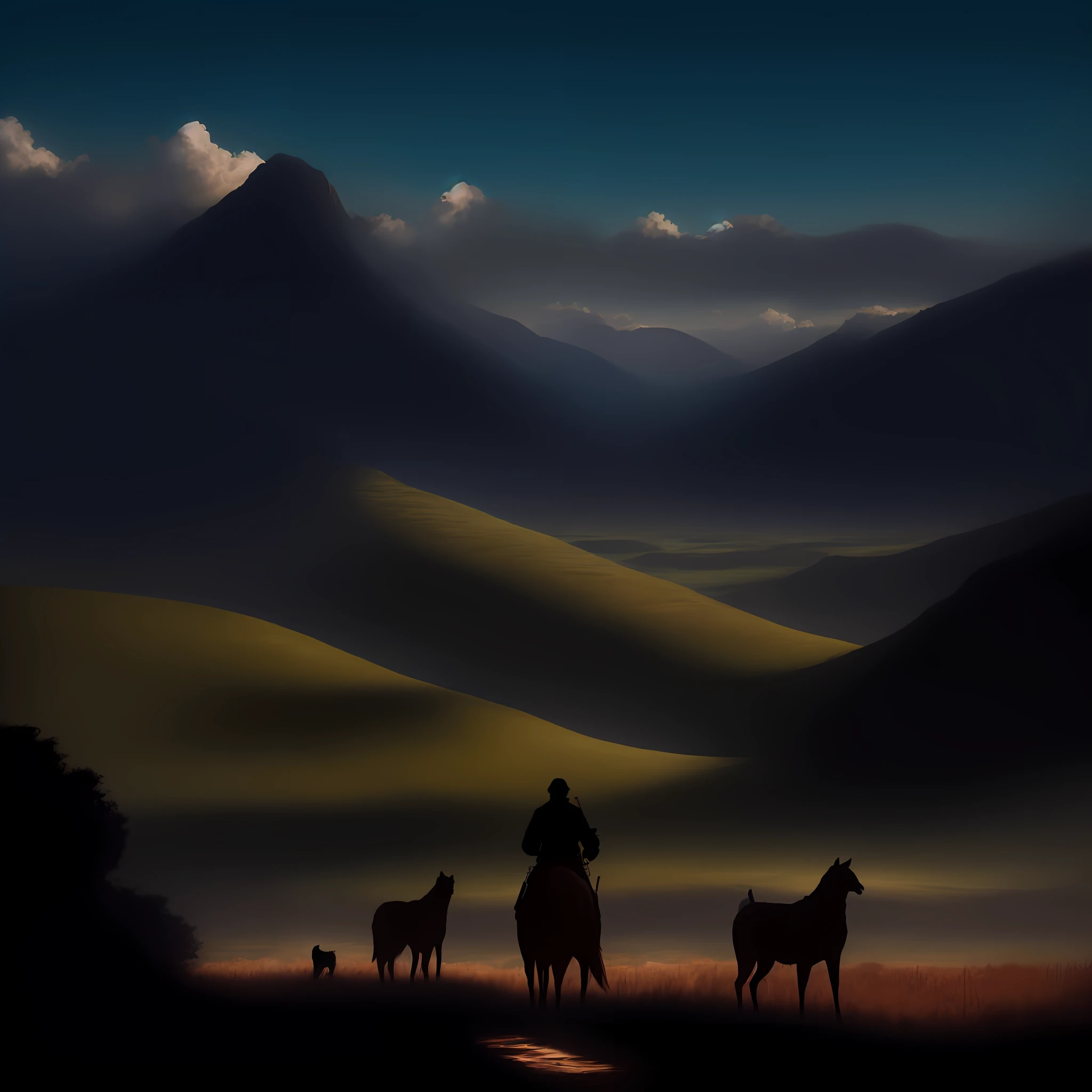 masterpiece, best quality, very detailed shade, high quality, textured landscape, a Hunter with shotgun and two stray dogs, on a verdant plain, on a hot day with clear skies and some birds fluttering over it