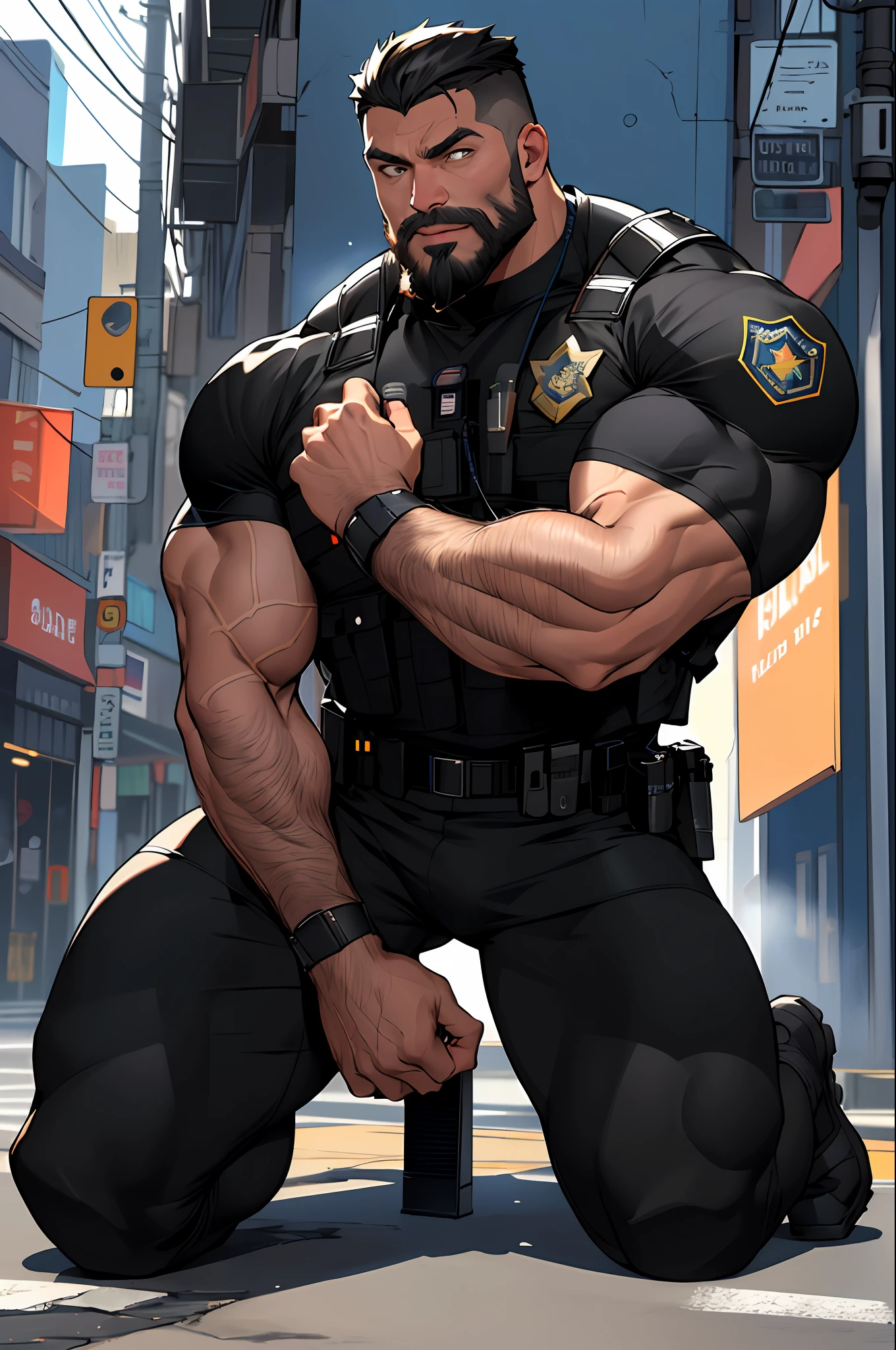 best quality, masterpiece, super high resolution, detailed background, realistic, illustration, single, 1 boy, muscle man, beard, SWAT, street, muscle, facial hair, volumetric lighting, depth of field, black clothes, ((black police uniform)), kneeling, mouth open, gasping for air, rolling eyes, fainting to the ground