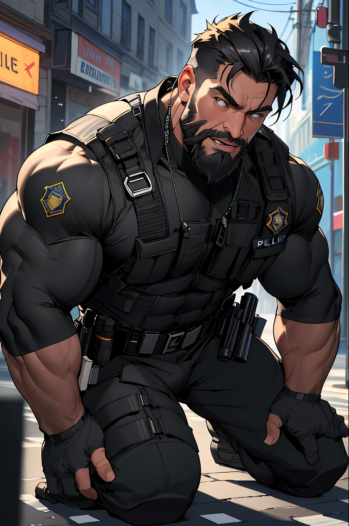 best quality, masterpiece, super high resolution, detailed background, realistic, illustration, single, 1 boy, muscle man, beard, SWAT, street, muscle, facial hair, volumetric lighting, depth of field, black clothes, ((black police uniform)), kneeling, mouth open, gasping for air, rolling eyes, fainting to the ground