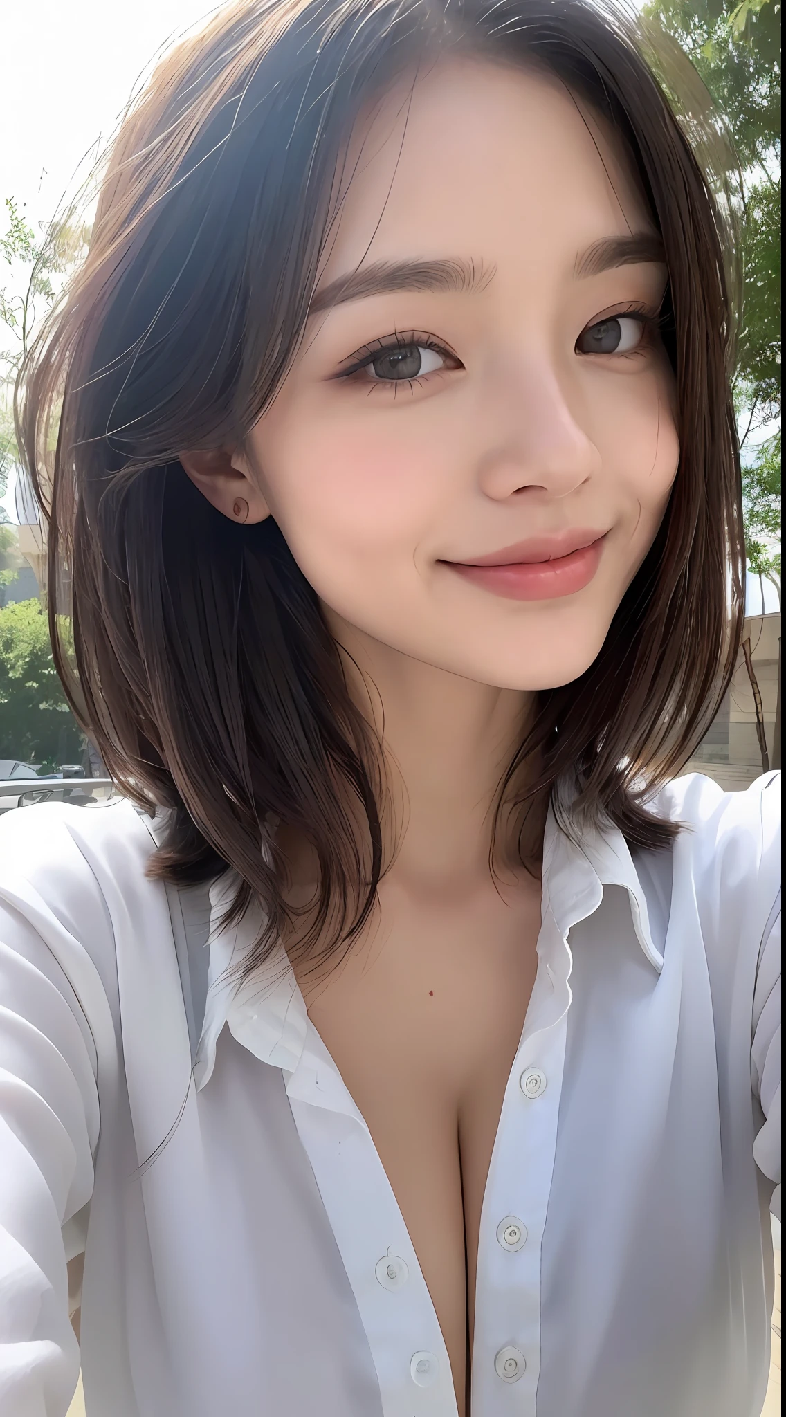 ((Best Quality, 8K, Masterpiece: 1.3)), Sharp Focus: 1.2, A Beautiful Woman with Perfect Figure: 1.4, Slim Abs: 1.2, (Layered Hairstyle,: 1.2)), (Wet White Button Long Shirt: 1.3), Rain: 1.3, Street: 1.2, Wet Body: 1.1, Highly Detailed Face and Skin Texture, Detailed Eyes, Double Eyelids, Big Breasts, Smile,