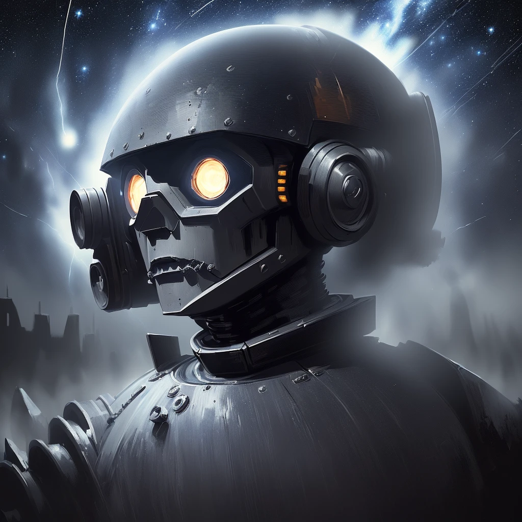 ((a dark and eerie atmosphere, evil robot painting)), ultra-realistic and detailed CG, dynamic brushstrokes, vibrant colors, (starry night sky, stars shining bright), the essence of van Gogh's art captured perfectly, masterpiece quality.