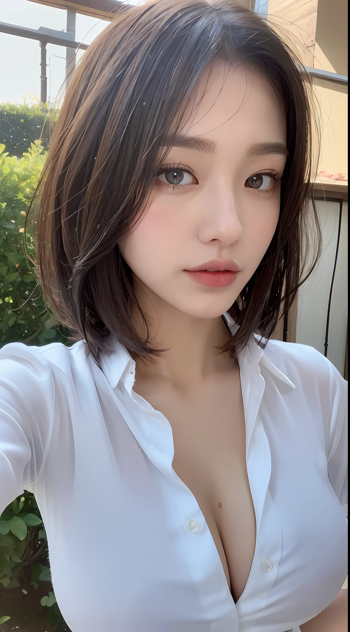 ((Best quality, 8k, Masterpiece :1.3)), Sharp focus :1.2, A pretty woman with perfect figure :1.4, Slender abs :1.2, ((Layered haircut, Big breasts :1.2)), (Wet white button up long shirt :1.3), Rain :1.3, Street:1.2, Wet body :1.1, Highly detailed face and skin texture, Detailed eyes, Double eyelid
