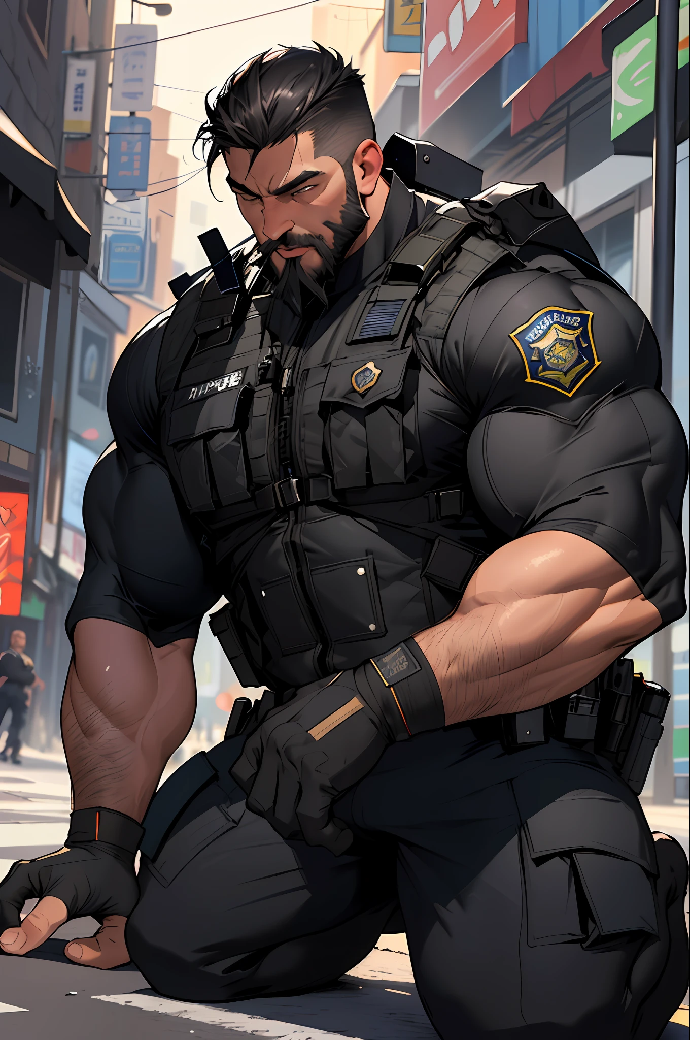 best quality, masterpiece, super high resolution, detailed background, realistic, illustration, single, 1 boy, muscle man, beard, SWAT, street, muscle, facial hair, volumetric lighting, depth of field, black clothes, ((black police uniform)), kneeling, mouth open, panting, fainting