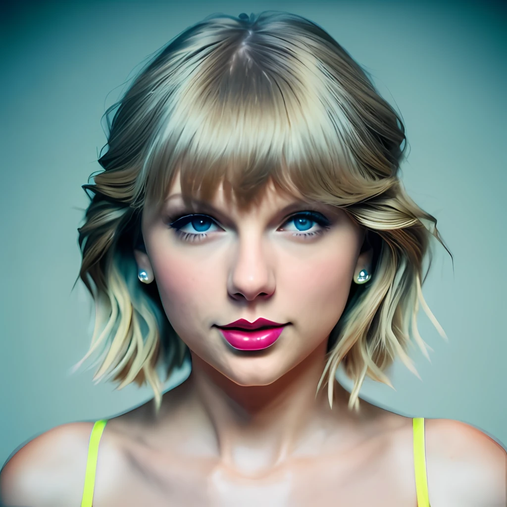 Taylor Swift, pastel neon gradient background, original analog style, captivating gaze, captivating expression. The background should be neutral and simple, paying close attention to details such as the highlights and shadows on his face and hair to create a realistic and realistic image. Experiment with different lighting techniques to enhance the mood and mood of your portraits. Highly detailed skin, skin detail, sharp focus, volumetric fog, 8k uhd, dslr, high quality, film grain, fujifilm xt3, (best quality: 1.4), (masterpiece: 1.4), (detail: 1.3)