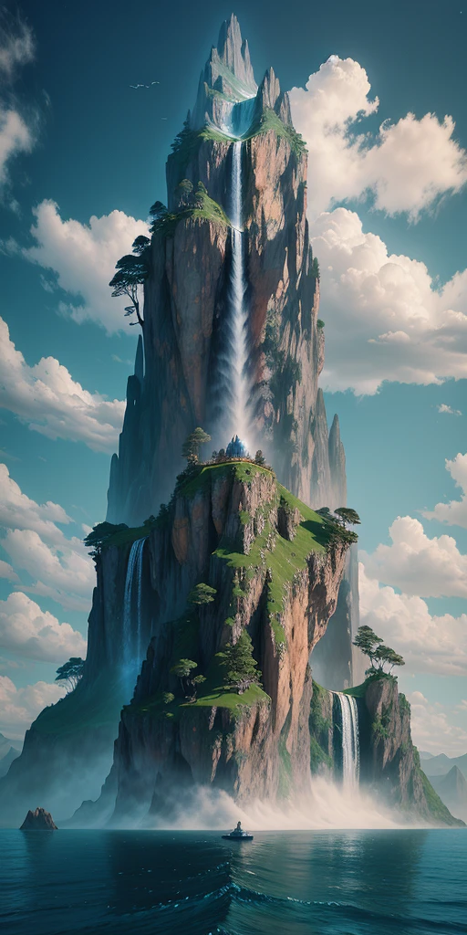 there is a waterfall coming out of a mountain in the ocean, a detailed matte painting inspired by jessica rossier, Artstation contest winner, fantasy art, epic matte painting of an island, tall mountain, 4k highly detailed digital art, 4 k vertical wallpaper, 4k vertical wallpaper, 4 k detail fantasy, matte painting 4k 8k, 8 k matte painting