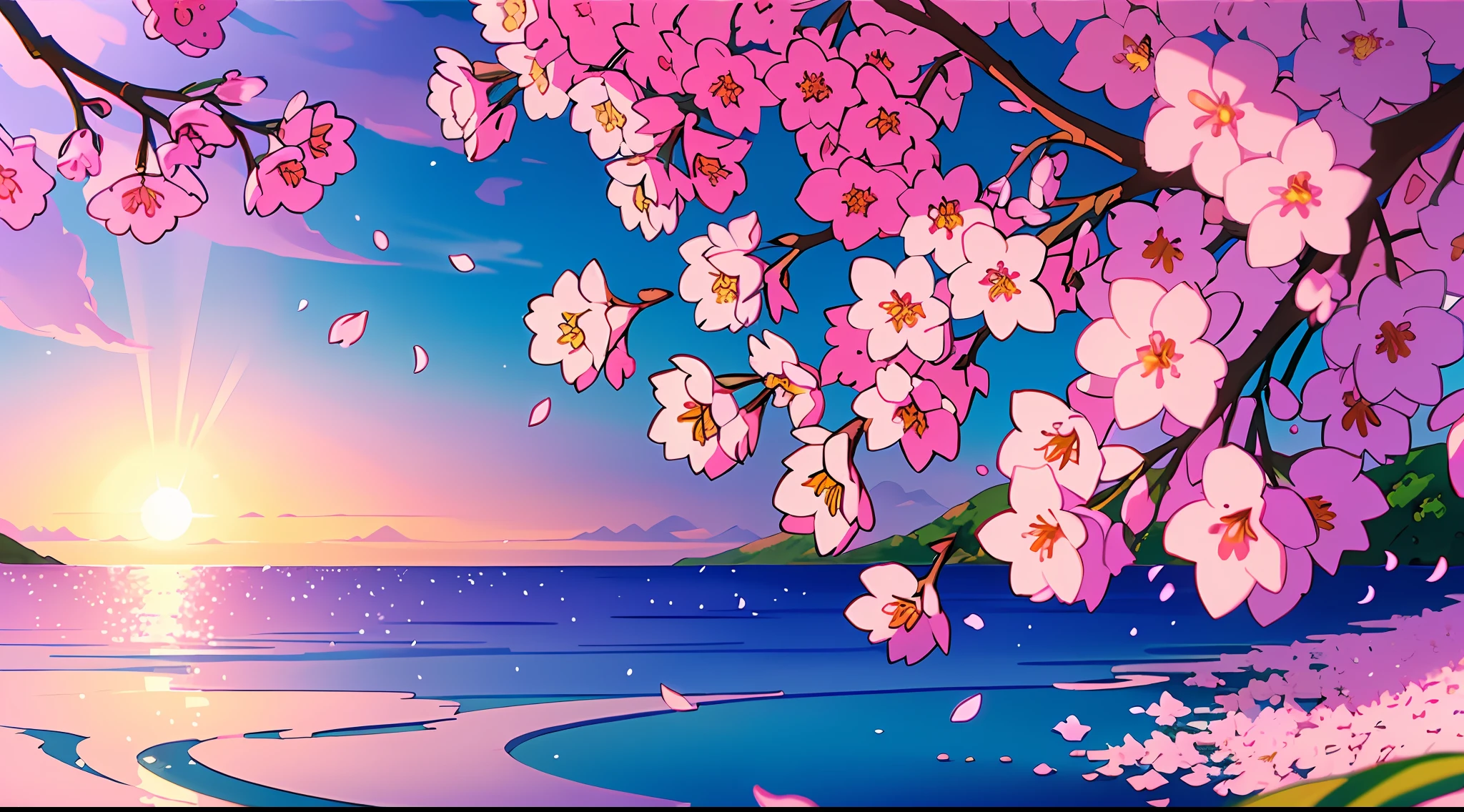 Masterpiece, best quality, (very detailed 8k wallpaper) (best quality), (best illustration), (best shadows) Nature&#39, blue sea,delicate leaves petals of various colors falling in the air light Tracking, super detailed --v6, pink sakura blossoms, white waves