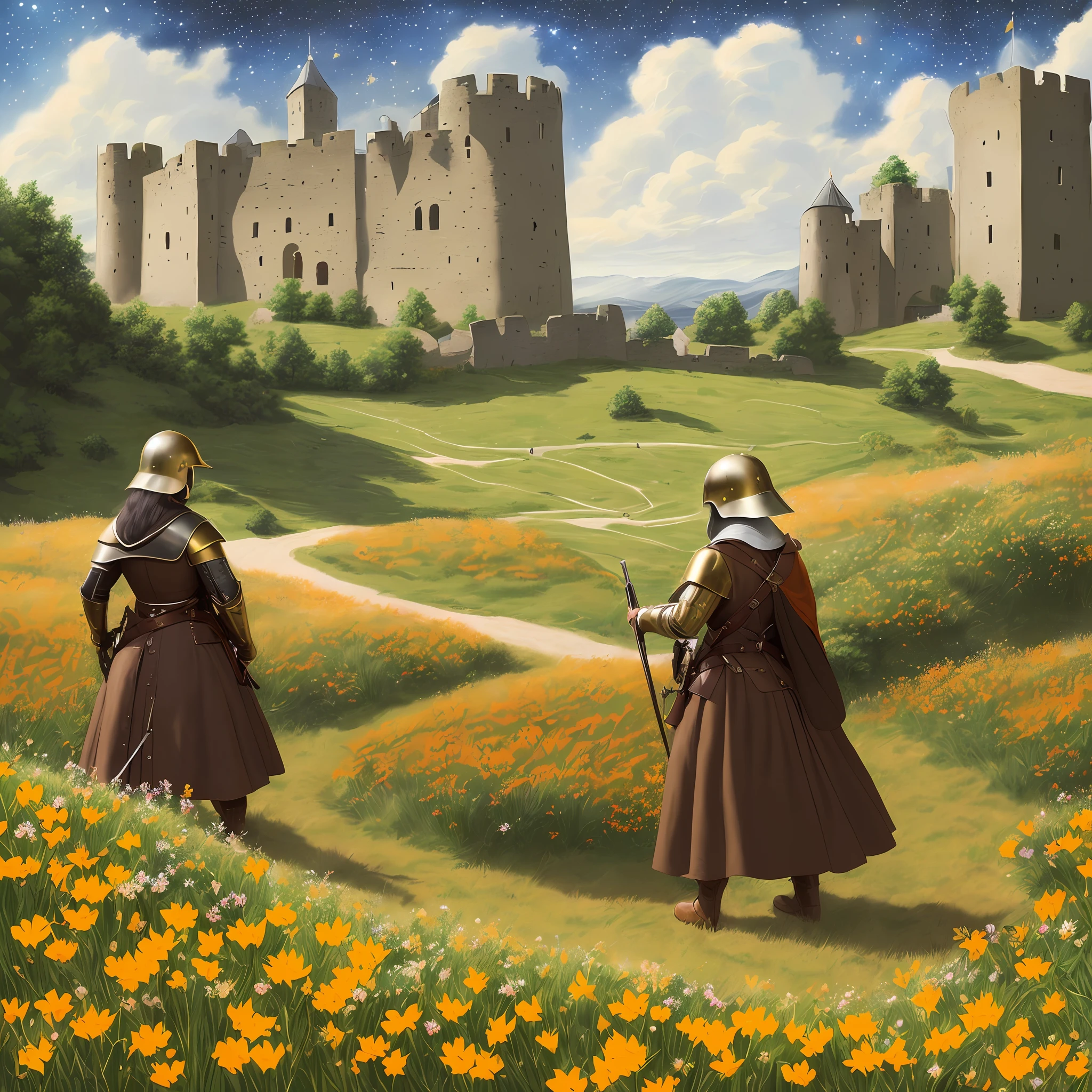 high quality illustration as an oil painting, great resolution and detail, general point of view, model in the distance from the image, 1 woman points with a musket as if she were going to shoot, uniform of the sixteenth century (some metallic details in the homrbos, dark brown leather, belts with golden buckles, small cape to the hip, Metallic conqueror helmet (shiny), brown leather boots, aggressive look, sharp and clear scenery, night, sky radiant with stars, field with green and orange grasses, surrounded by some white, red and yellow flowers, in the background silhouette of a medieval castle wall (a lot of detail, sharp)