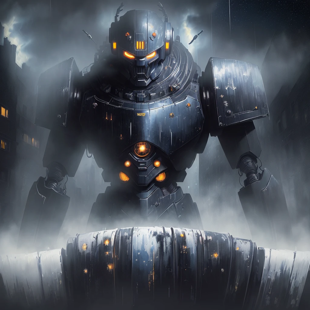 ((a dark and eerie atmosphere, evil robot painting behind city buildings)), ultra-realistic and detailed CG, dynamic brushstrokes, vibrant colors, (starry night sky, stars shining bright), the essence of van Gogh's art captured perfectly, masterpiece quality, raining mood,