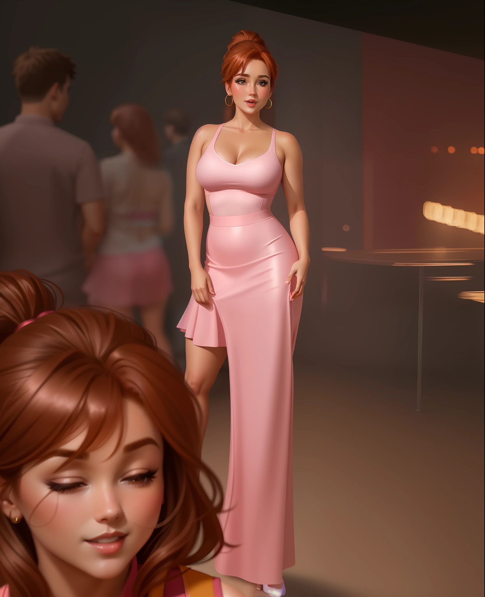 Dancing woman, tight pink dress, short skirt, cute face, reddish brown hair with ponytail, at a party, detailed background, cartoon, 4k, HDR, high quality, better lighting, best shadows, makeup,