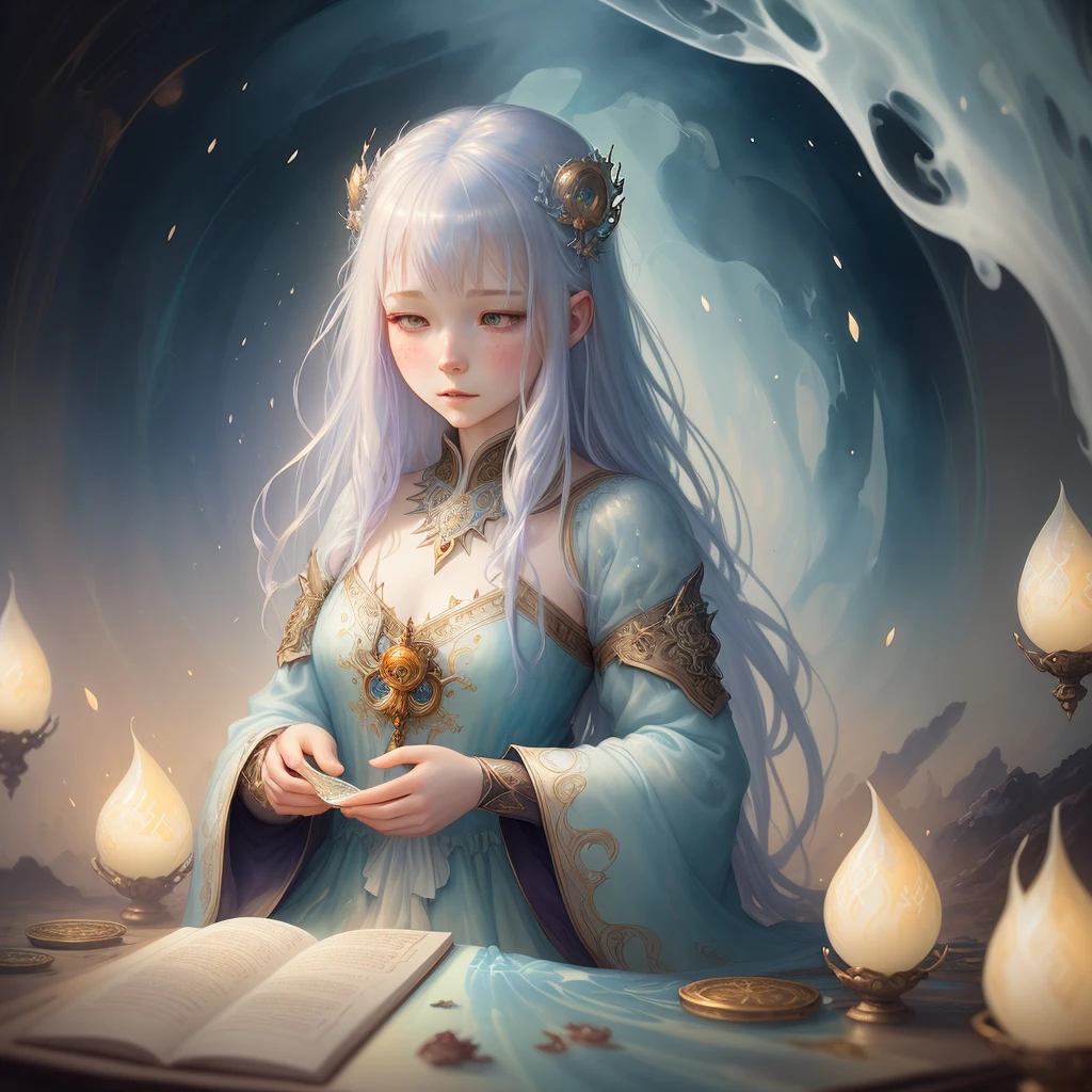 beautiful girl meditating translucent fluid apparition flowing pale hair; Intricately detailed liquid gouache painting by Jordan Grimer and Ismail Inceoglu :: fantastical watercolor calligraphy by WLOP, Dave White, Awwchang and Teagan White :: splash art by Disney"Lighting, Lights, Extremely Fluffy, Detailed Eyes. Magic, Surreal, Fantasy, Digital Art, Alice In Wonderland Style, Wlop, Brian Froud, Intricate Artwork Masterpiece, Golden Ratio, Intricate, Trending On Artstation, Highly Detailed, Ultra High Quality Model, Story Book Style, Muted Colors, Watercolor Style